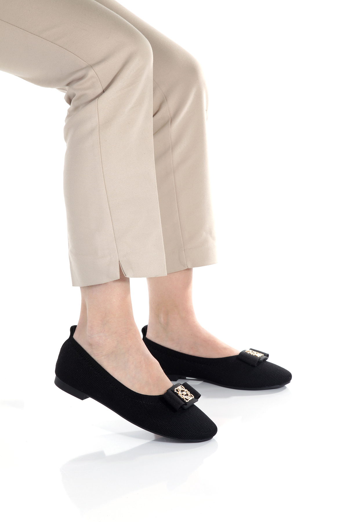ZİESCE-Women's Black Knitwear Round Toe Buckle Detail Babet Shoes 2