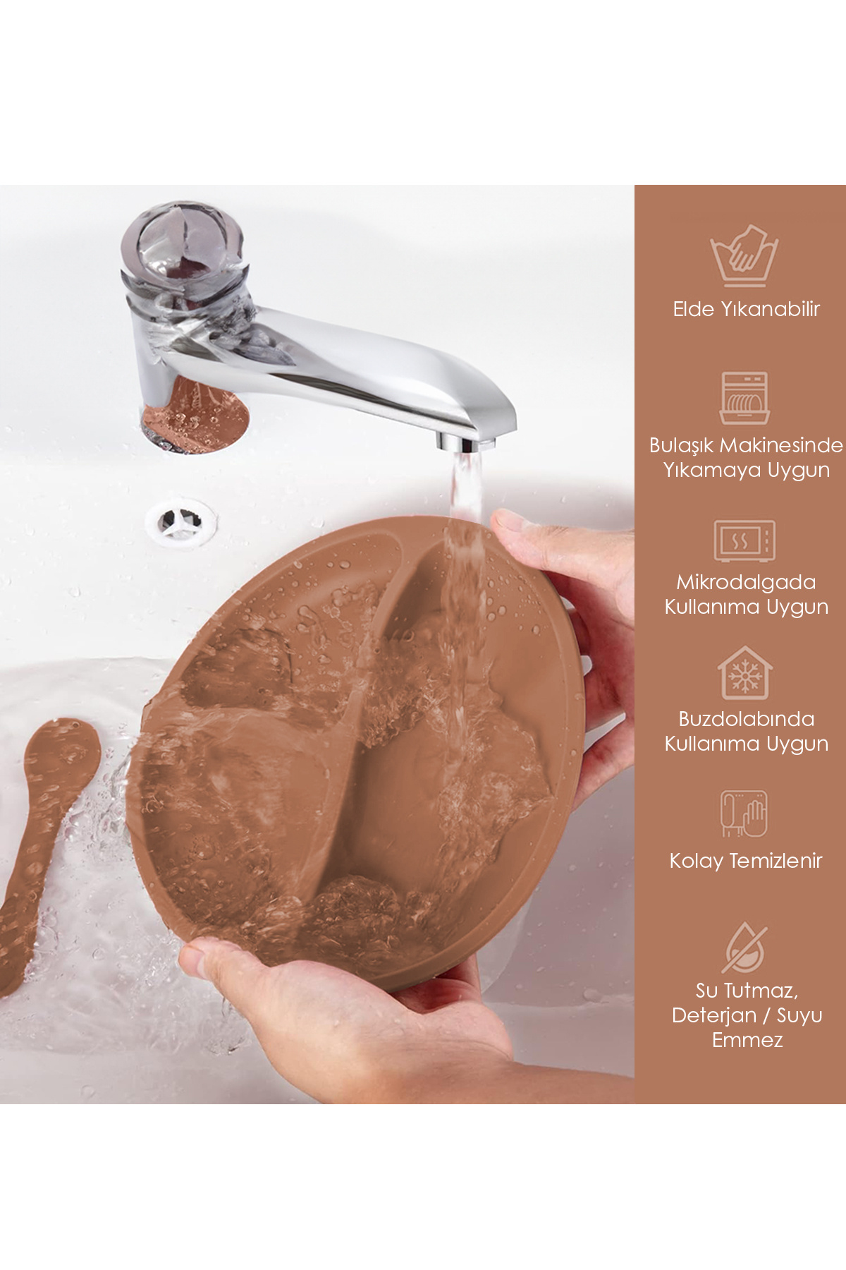 Meleni Baby 4'lü Silikon Beslenme Seti - Bebek Mama Önlüğü, Mama Kaşığı, Kulplu Bardak, Vakumlu Tabak Kahverengi fotoğrafı 6 (önizleme)