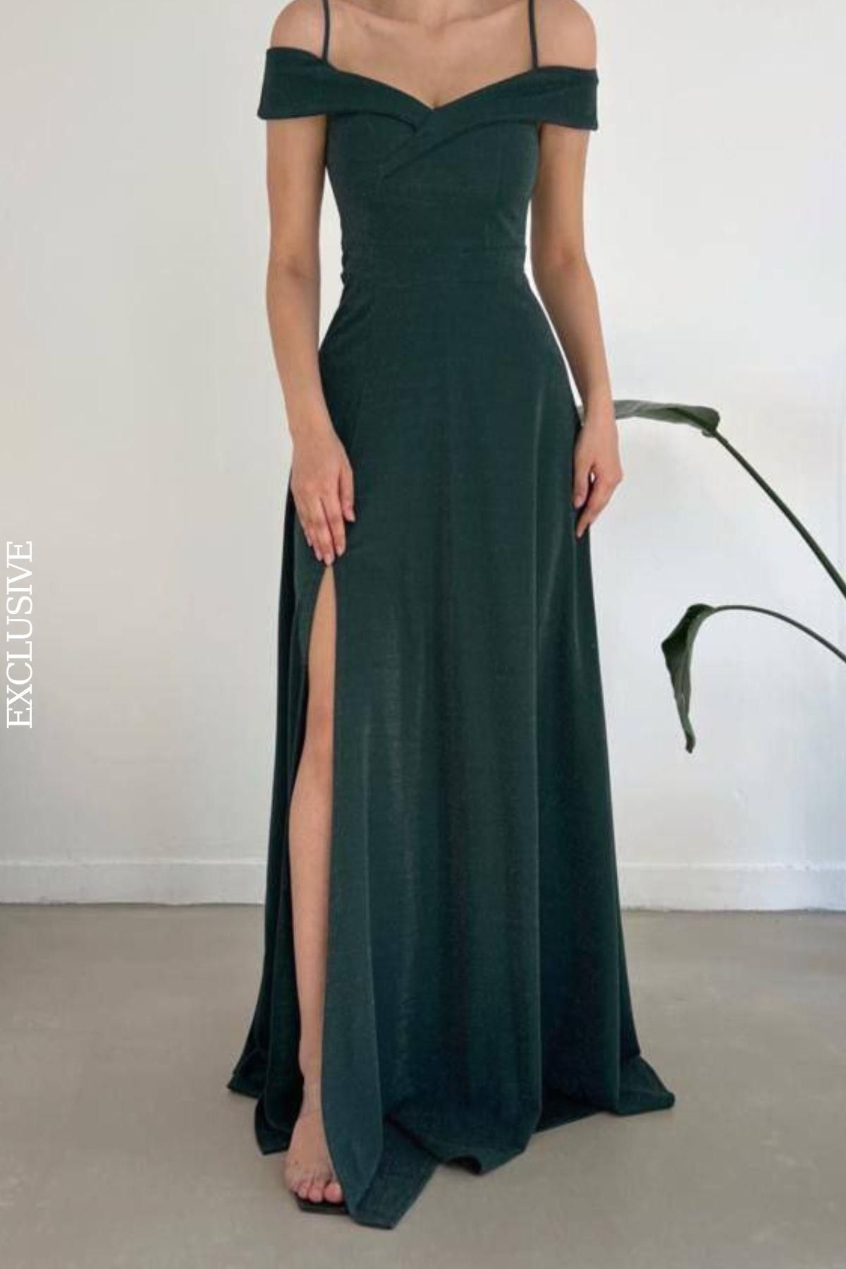 Mossta-Green Short Strap Slit Long Evening Dress 1