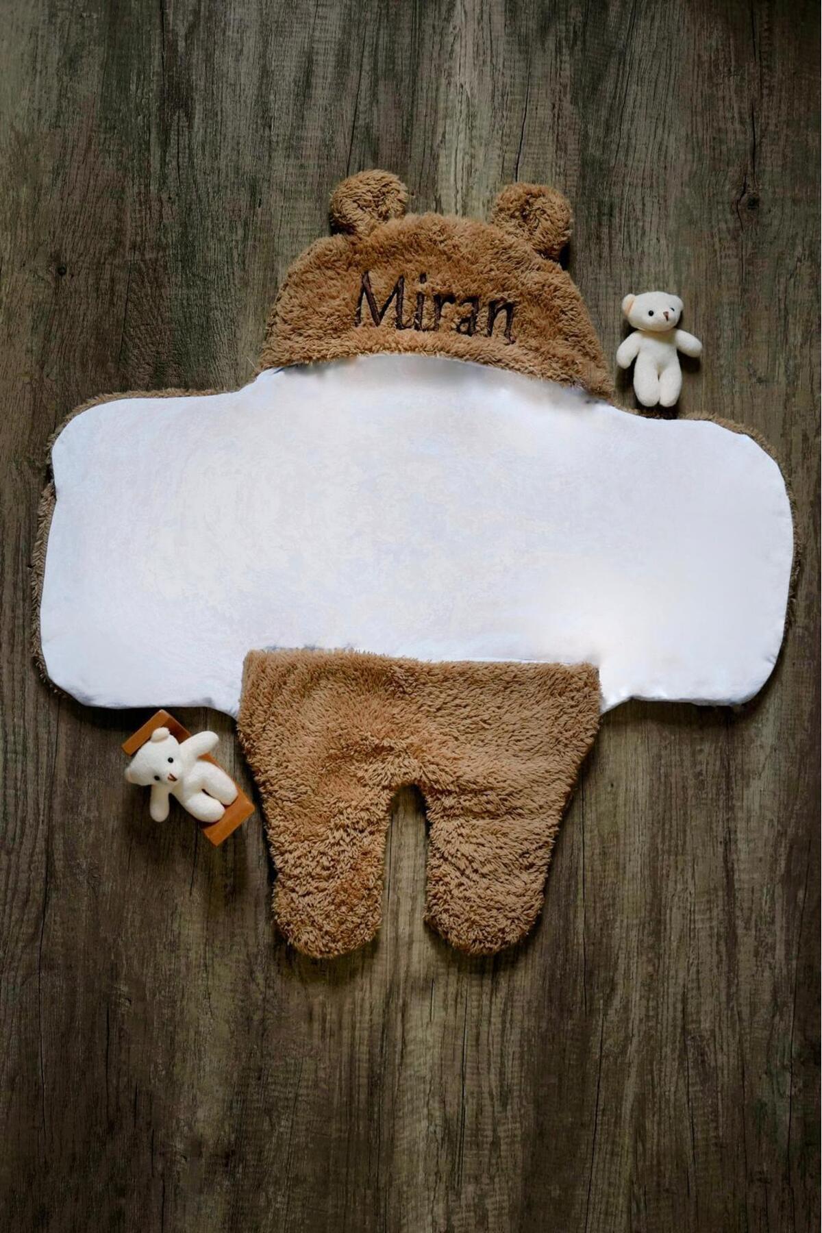 tinykiddesign Kişiye Özel Nakışlı Bebek Dış Kundak Kahverengi Uyku Tulumu Kıvırcık Wellsoft Peluş Ayıcık Kulaklı fotoğrafı 3 (önizleme)