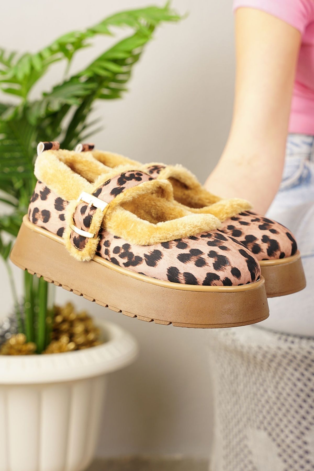 Nstil-Balerini leopard de zi cu zi pentru femei, piele intoarsa, talpa groasa zimtata, curea cu varf oval detaliat 500h 2