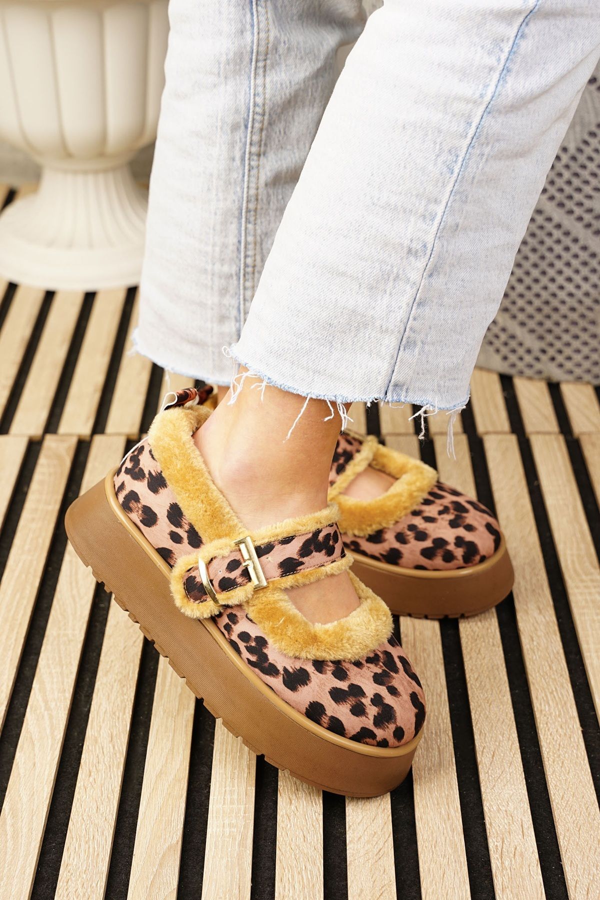 Nstil-Balerini leopard de zi cu zi pentru femei, piele intoarsa, talpa groasa zimtata, curea cu varf oval detaliat 500h 1