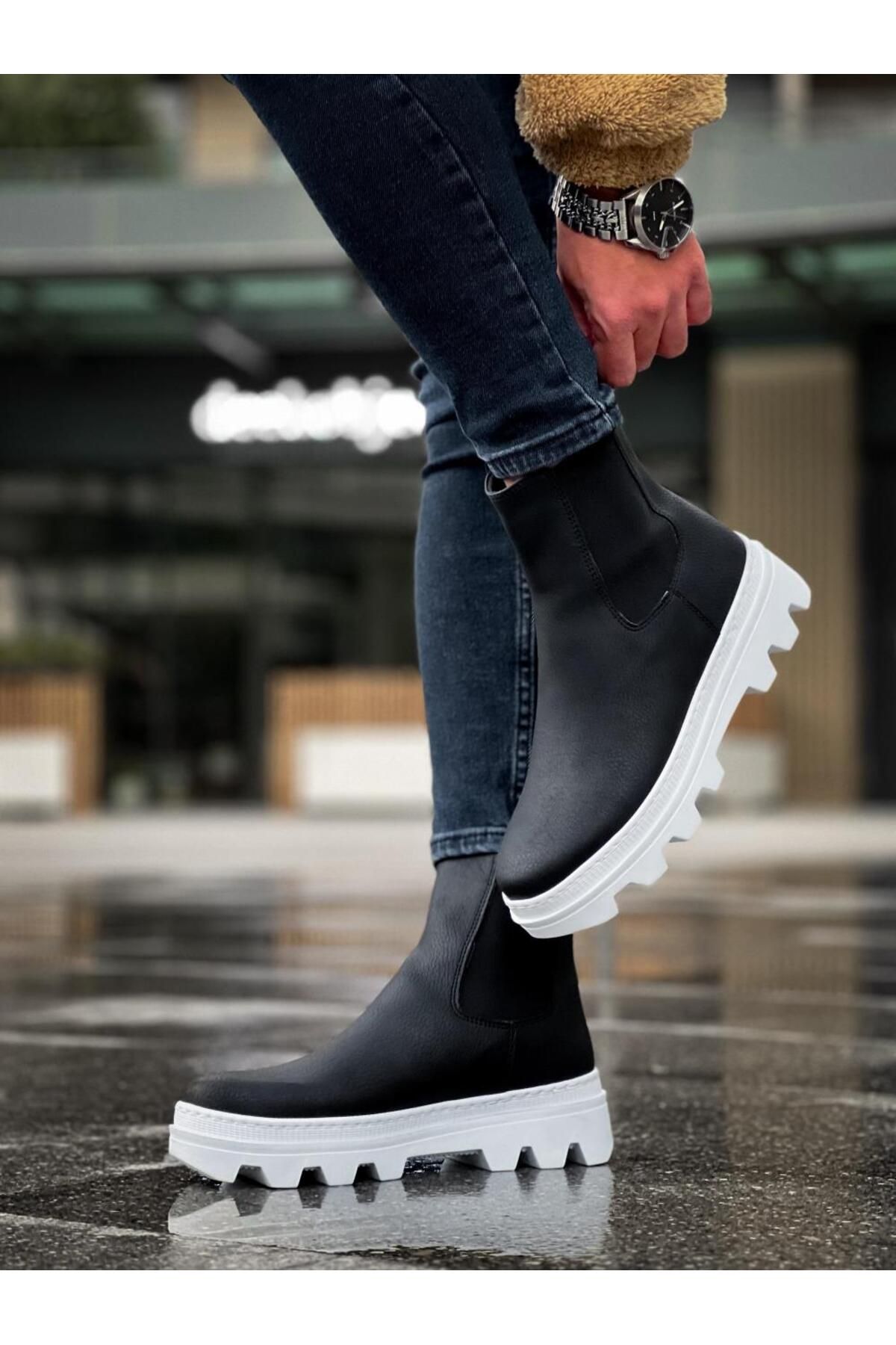 MarDyHome-High Sole Chelsea Boots Black (White Sole) 2