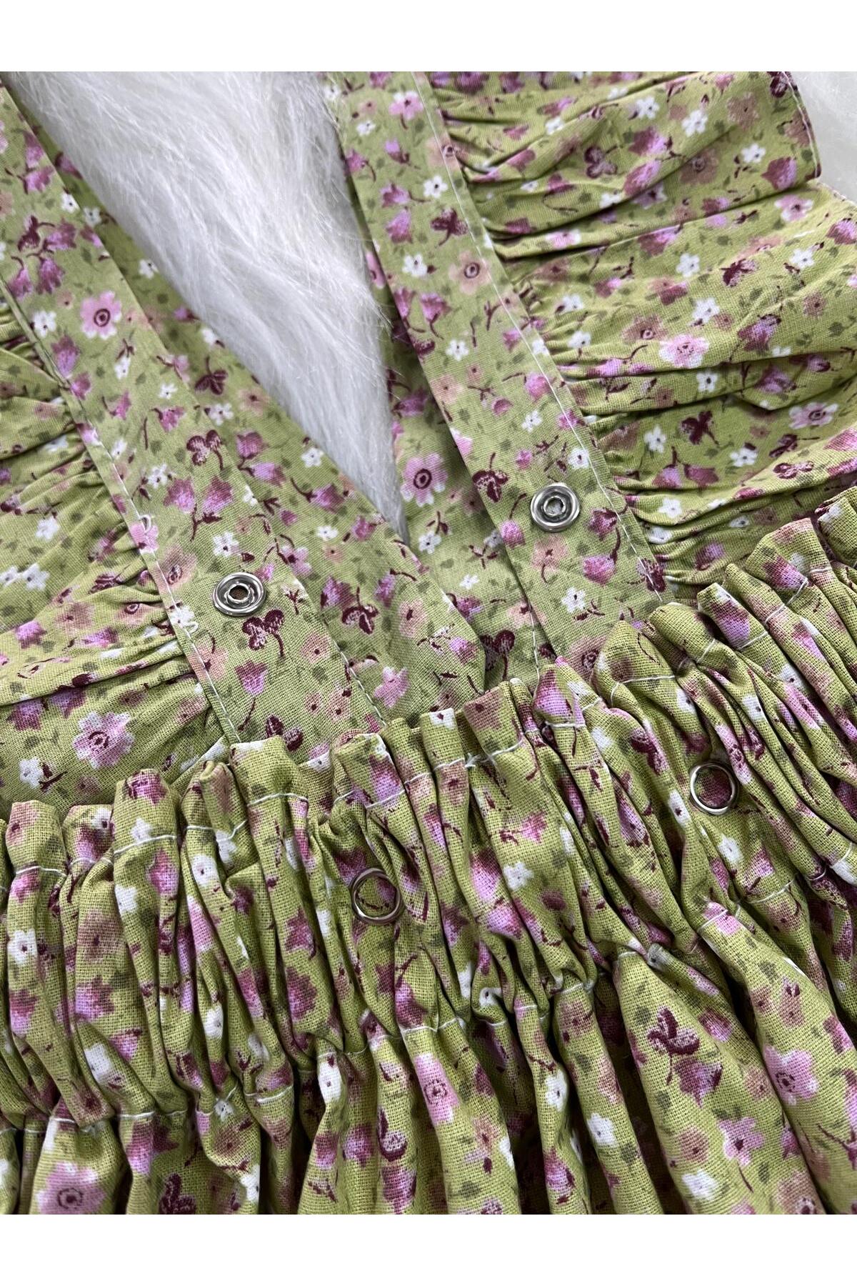 Eylülce Butik KIZ ÇOCUK YEŞİL ÇİÇEKLİ FİYONKLU FIRFIR ASKILI SALOPET ELBİSE  (%100 PAMUK KUMAŞTAN ÜRETİLMİŞTİR.) fotoğrafı 6 (önizleme)