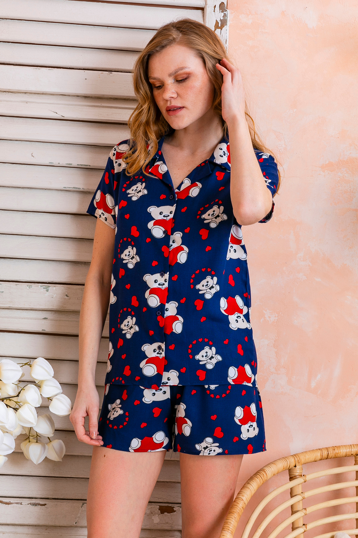 GİYSA  Kadın Gömlek Yaka Şortlu Desenli Pijama Takımı Lacivert - 925046 - Görsel 7