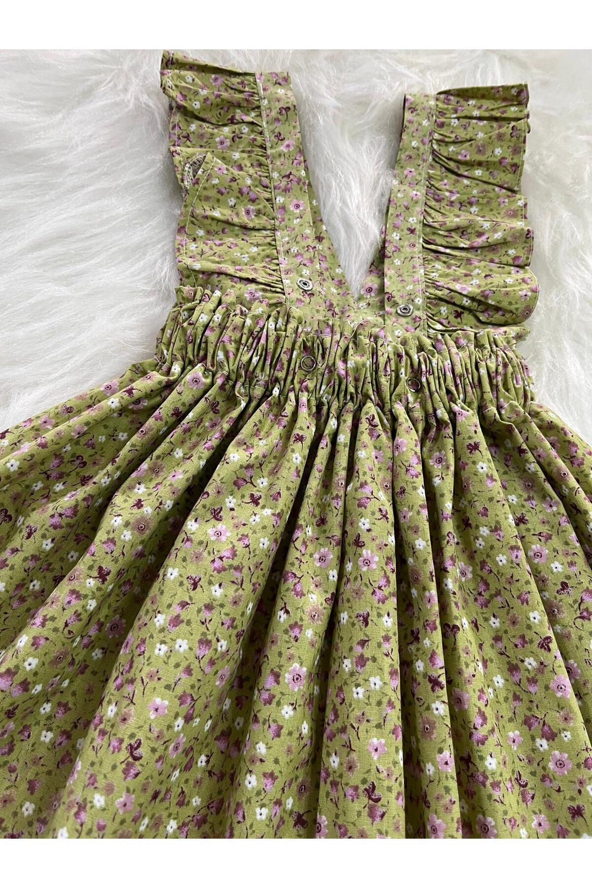 Eylülce Butik KIZ ÇOCUK YEŞİL ÇİÇEKLİ FİYONKLU FIRFIR ASKILI SALOPET ELBİSE  (%100 PAMUK KUMAŞTAN ÜRETİLMİŞTİR.) fotoğrafı 5 (önizleme)