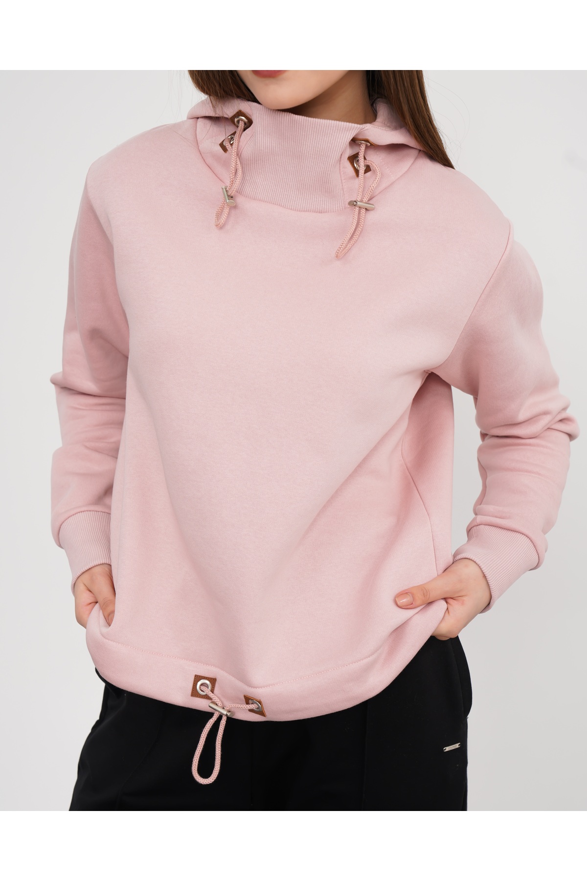 Genel Markalar  Pembe 3 iplik Kumaştan Eteği ve Kapşon Kordon Detaylı Kadın SweatShirt - Görsel 3
