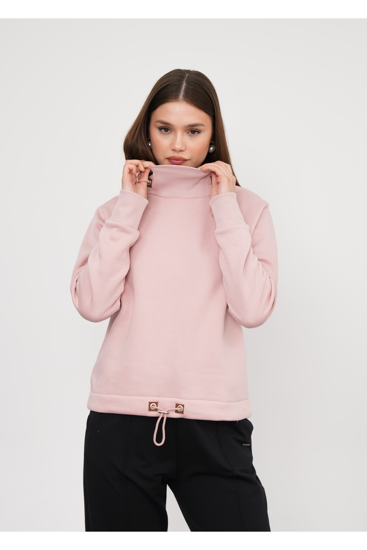 Genel Markalar  Pembe 3 iplik Kumaştan Eteği ve Kapşon Kordon Detaylı Kadın SweatShirt - Görsel 2