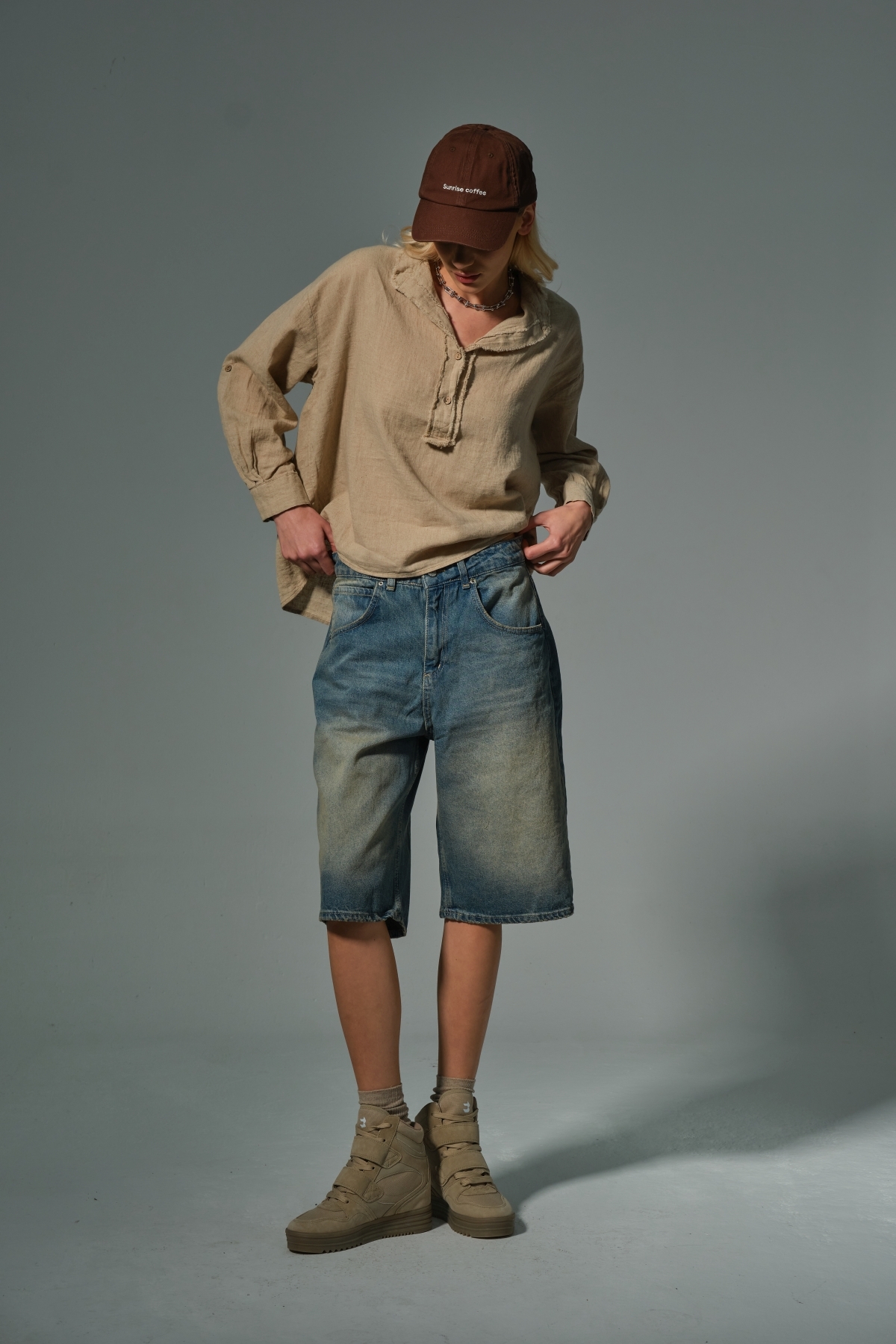 Maule  Bej Pamuk Keten Yarım Pat Pis Dikiş Hakim Yaka Katlanabilir Uzun Kol Kadın Gömlek #viana - Görsel 8