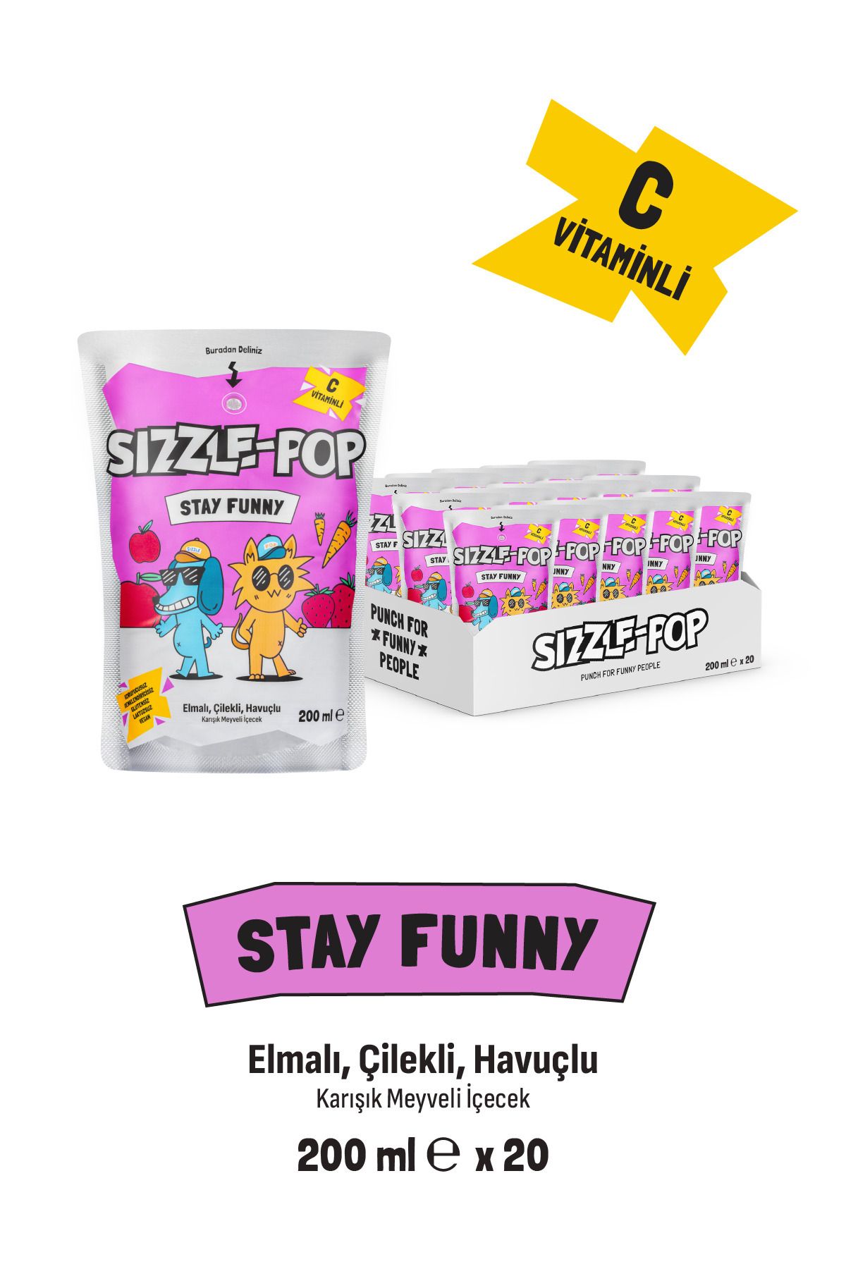 SIZZLE-POP STAY FUNNY HAVUÇ KIRMIZI ELMA ÇİLEK MEYVE SUYU 200 ML X 20 ADET