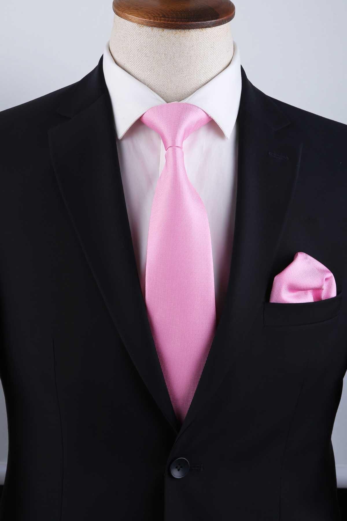 Kravatkolik-Classic Tie with Pink Plain Handkerchief Kk13160 4