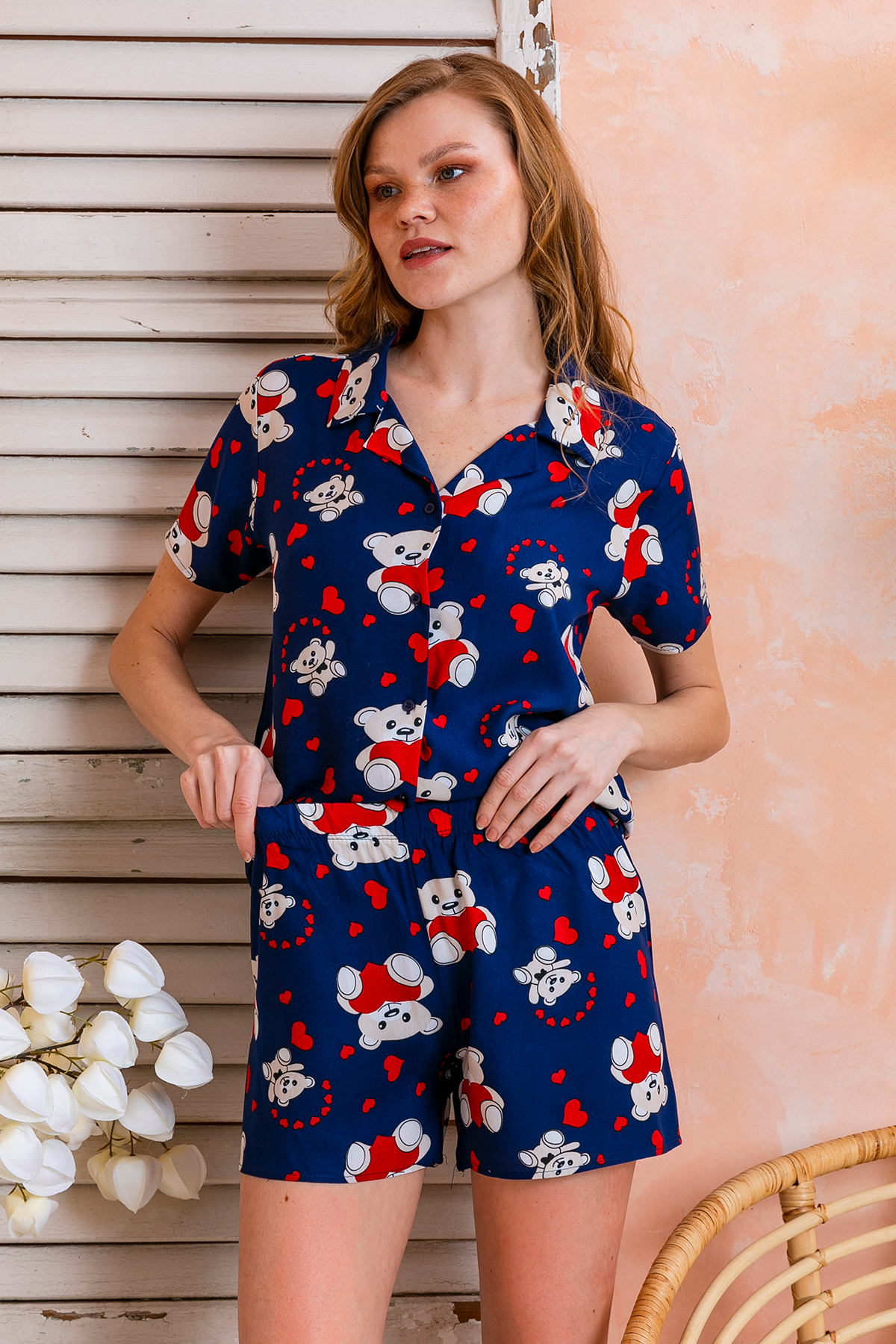 GİYSA  Kadın Gömlek Yaka Şortlu Desenli Pijama Takımı Lacivert - 925046 - Görsel 3