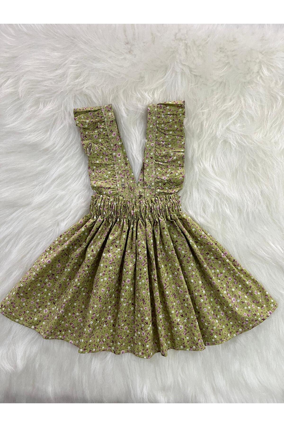 Eylülce Butik KIZ ÇOCUK YEŞİL ÇİÇEKLİ FİYONKLU FIRFIR ASKILI SALOPET ELBİSE  (%100 PAMUK KUMAŞTAN ÜRETİLMİŞTİR.) fotoğrafı 4 (önizleme)