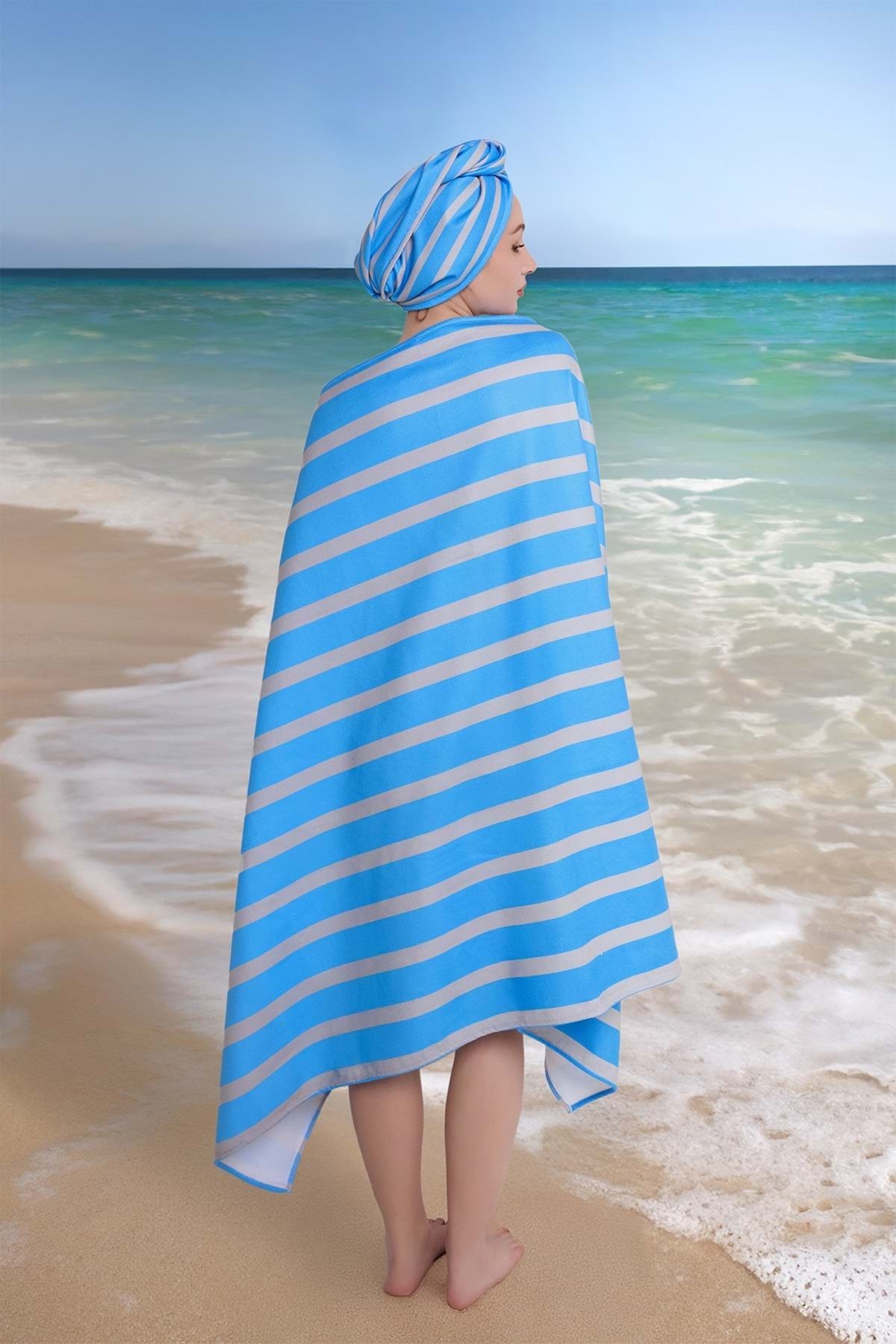 VEVİEN HOME-100X180 cm Dimensions Line Digital Printed Blue Beach Towel - Followed by Bag 4