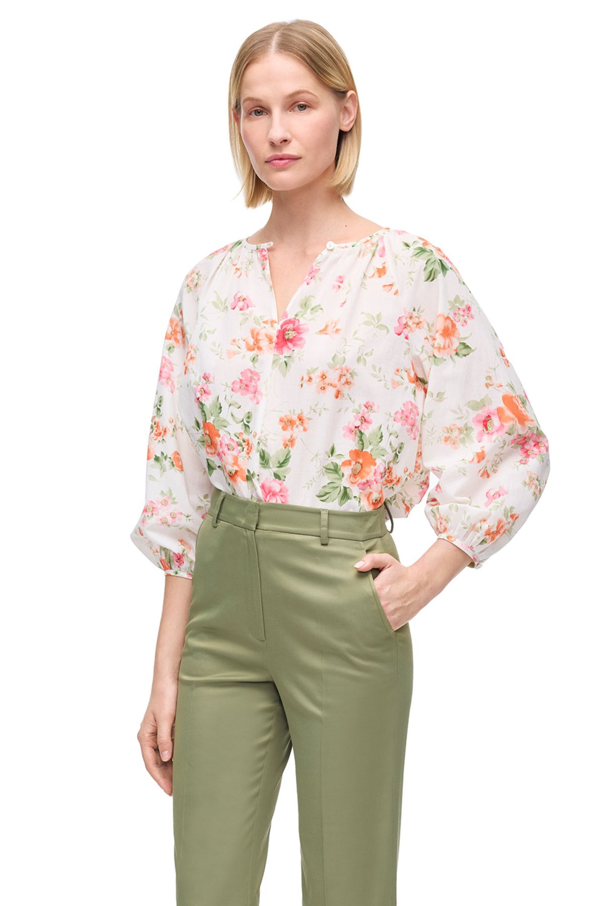 Perspective-Ecru Clios Comfortable Fit Round Neck Floral Raglan Sleeve Blouse 1