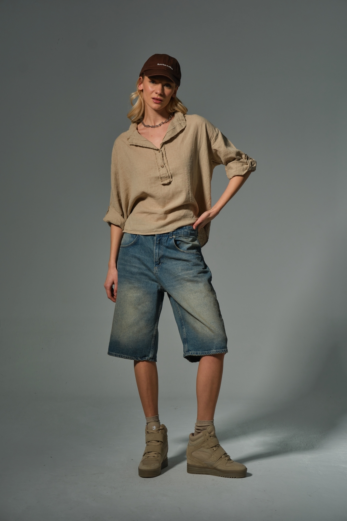 Maule  Bej Pamuk Keten Yarım Pat Pis Dikiş Hakim Yaka Katlanabilir Uzun Kol Kadın Gömlek #viana - Görsel 6