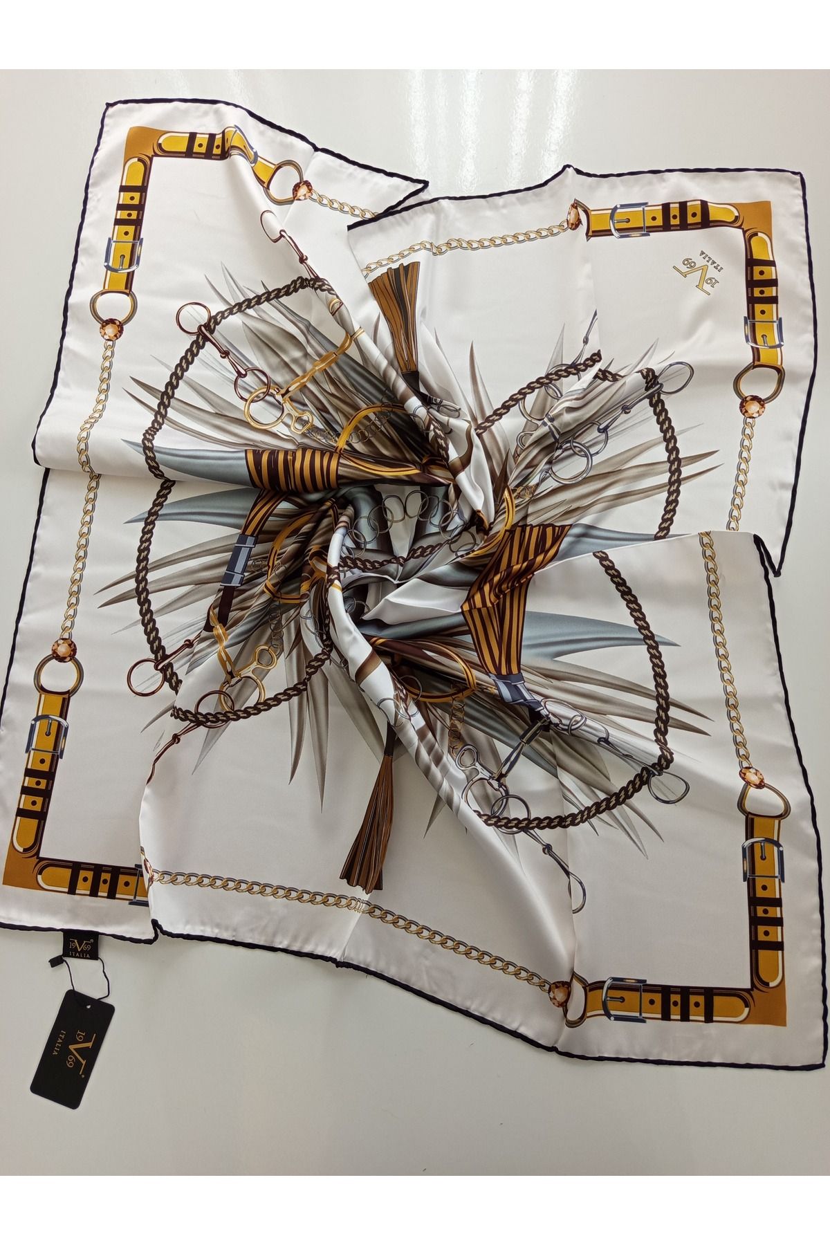 19V69 ITALIA-Belted Tassel Pattern Black Series Twill Scarf 90X90 cm 1
