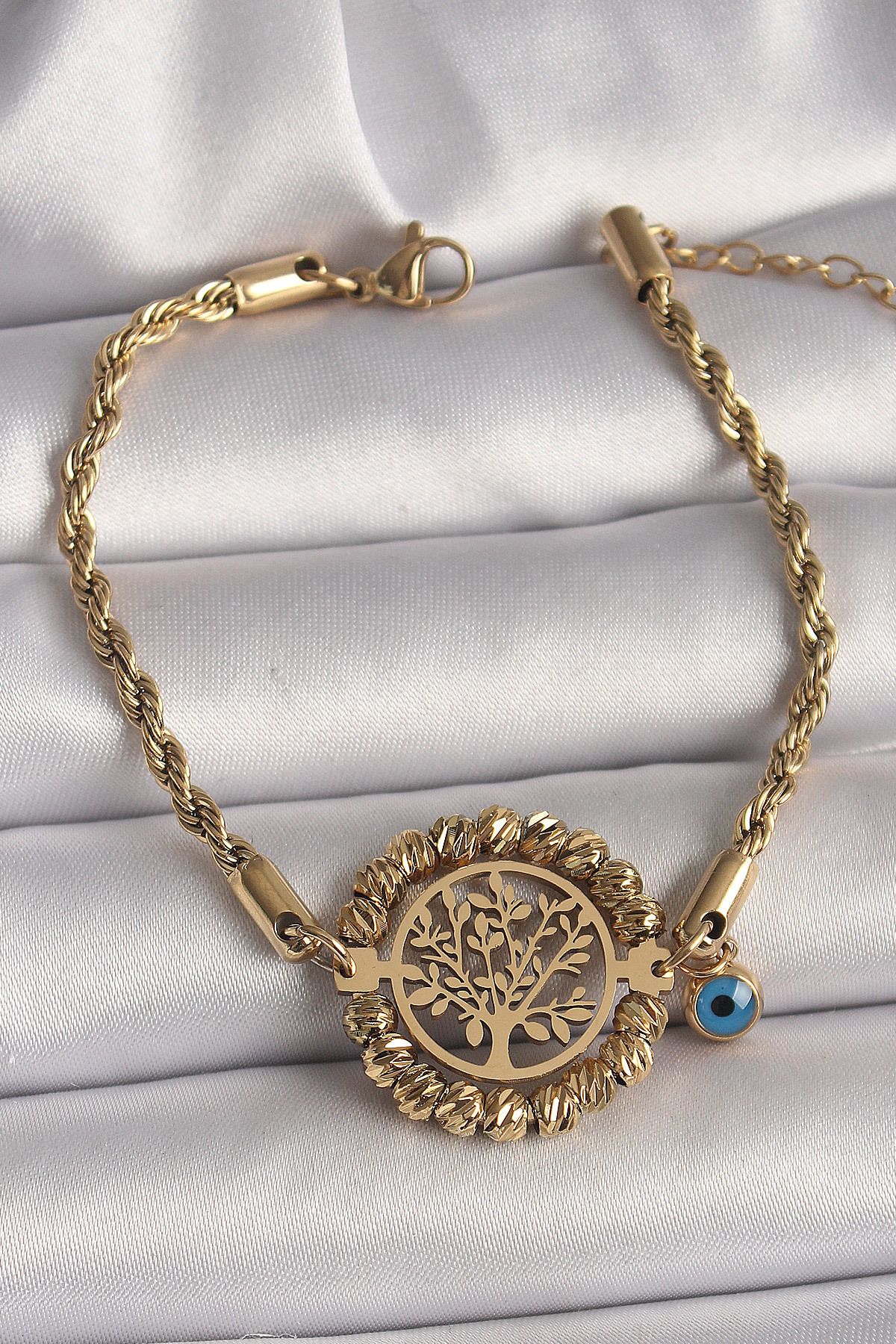 Evinso 316L Çelik Gold Renk Burgu Zincir Model Dorika Yaşam Ağacı Figür Nazar Boncuk Detay Kadın Bileklik