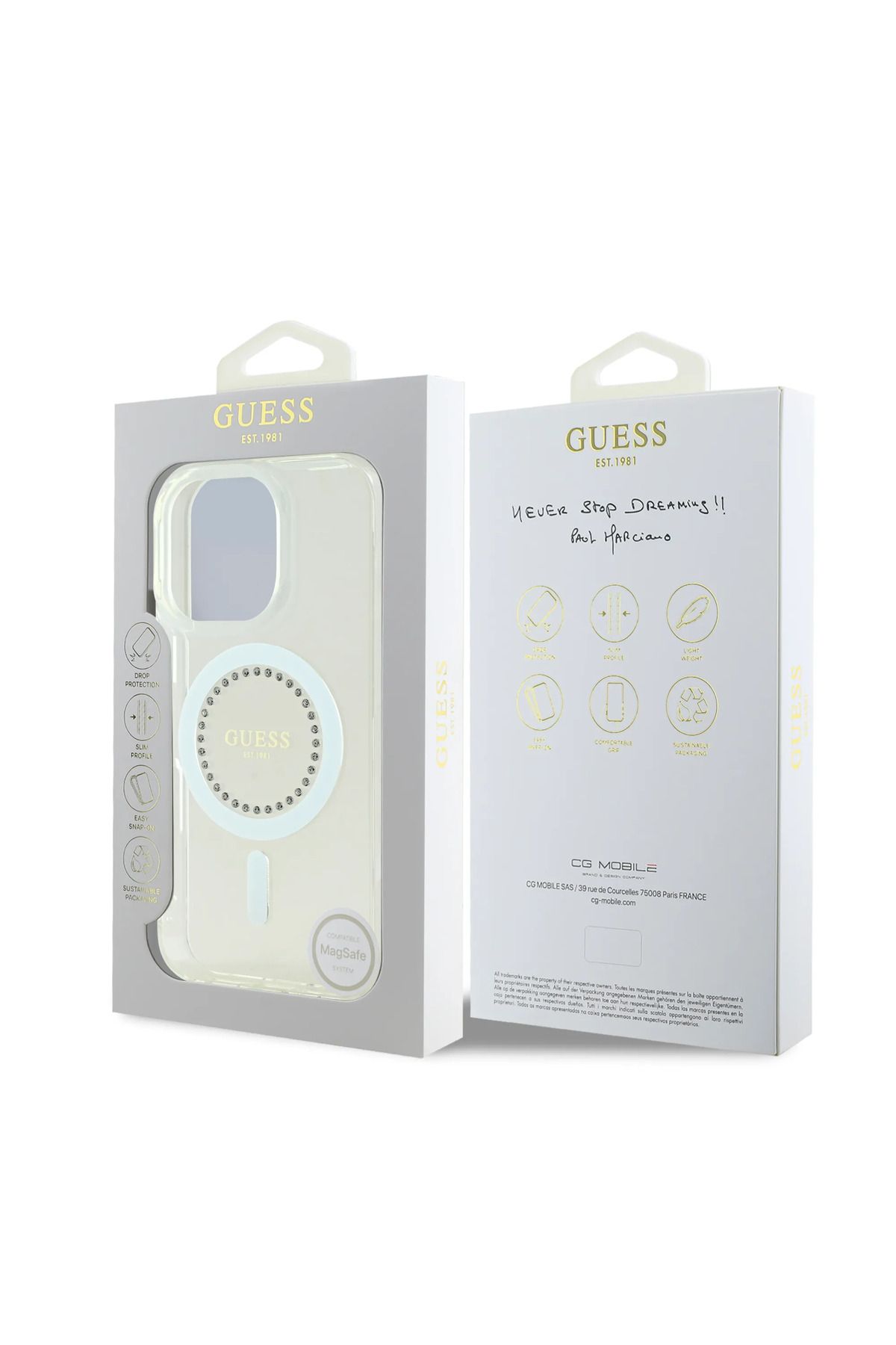 CG Mobile-جراب Guess Magsafe Iml الصلب بتصميم مرصع بأحجار الراين لهاتف iPhone 16 Pro Max - أبيض 1