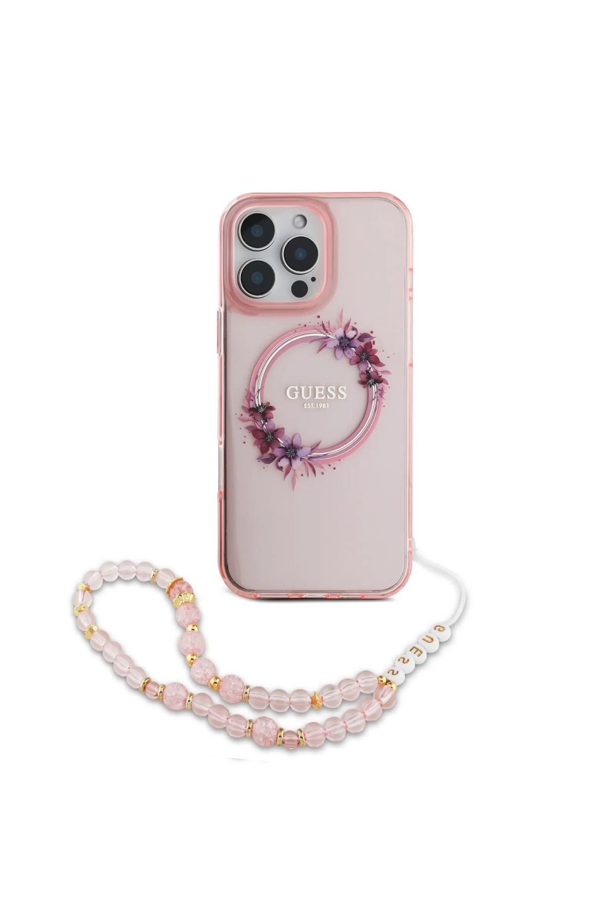 CG Mobile-Guess Magsafe Iml Hard Case With Flower Wreath Design & Pearl Strap For iPhone 16 3