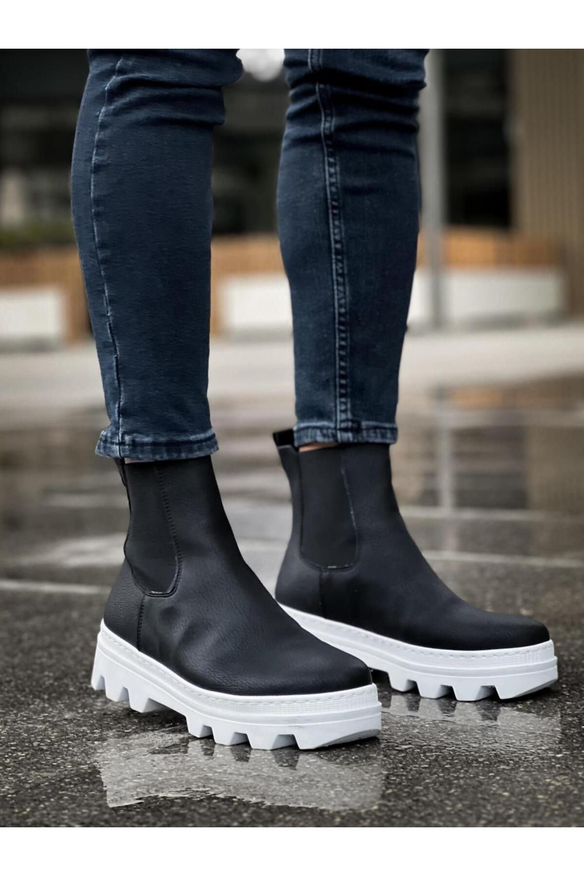 MarDyHome-High Sole Chelsea Boots Black (White Sole) 3