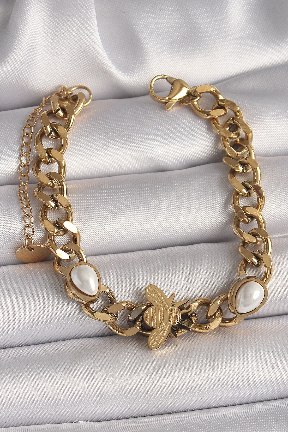 MMB Boutique 316L Çelik Gold Renk Kalın Zincir Model Arı Figür Damla İnci Detay Kadın Bileklik