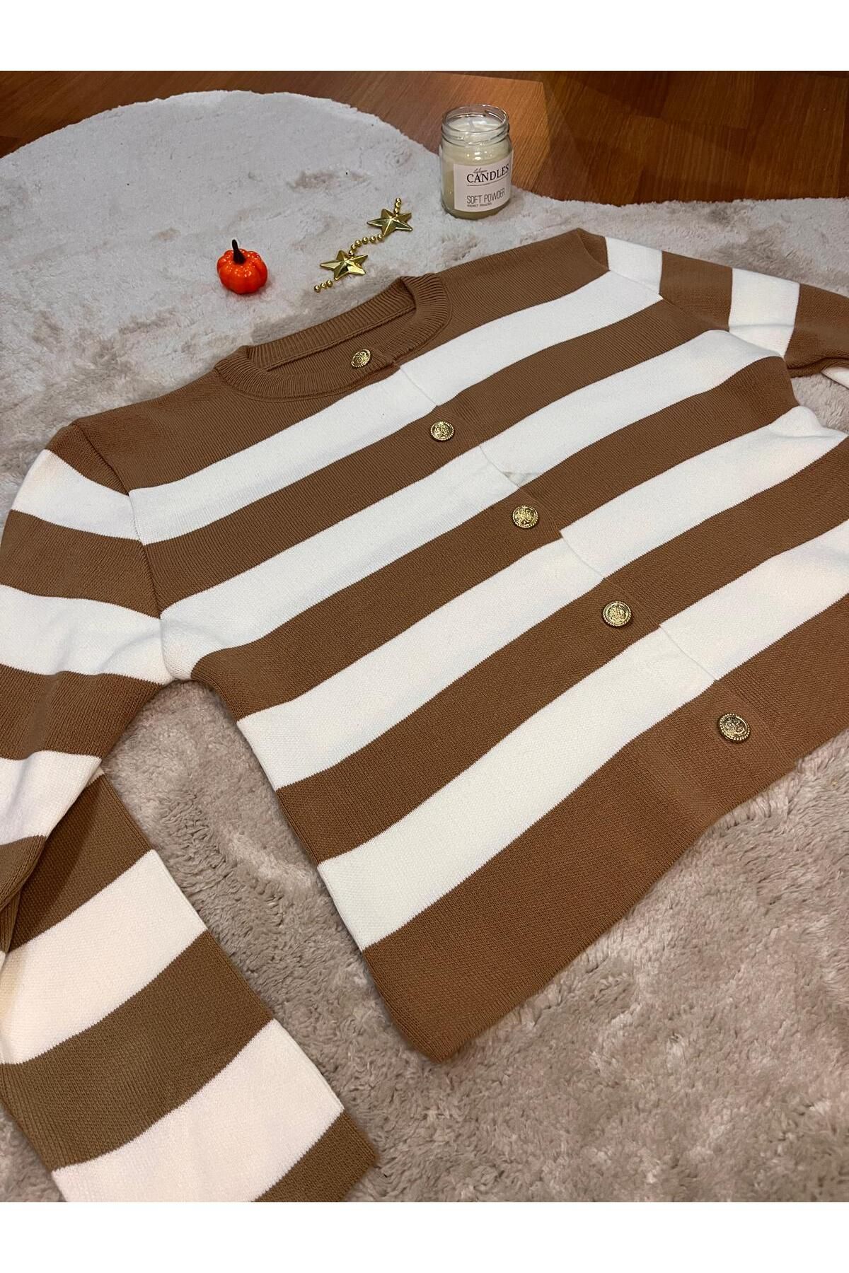 Bahar Altundemir-Knitwear Stripe Short Cardigan Women's Buttoned Beige Cardigan Striped Buttoned Cardigan 5