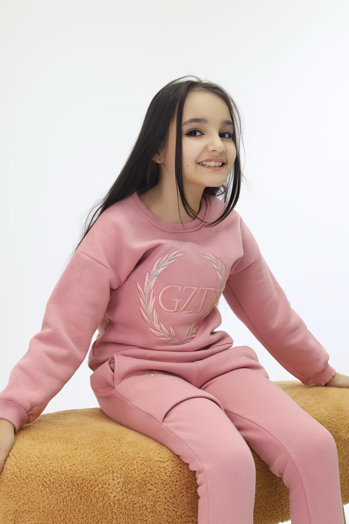 GZT TEKSTİL-Pink Dream Girl's Embroidered Tracksuit Set 3