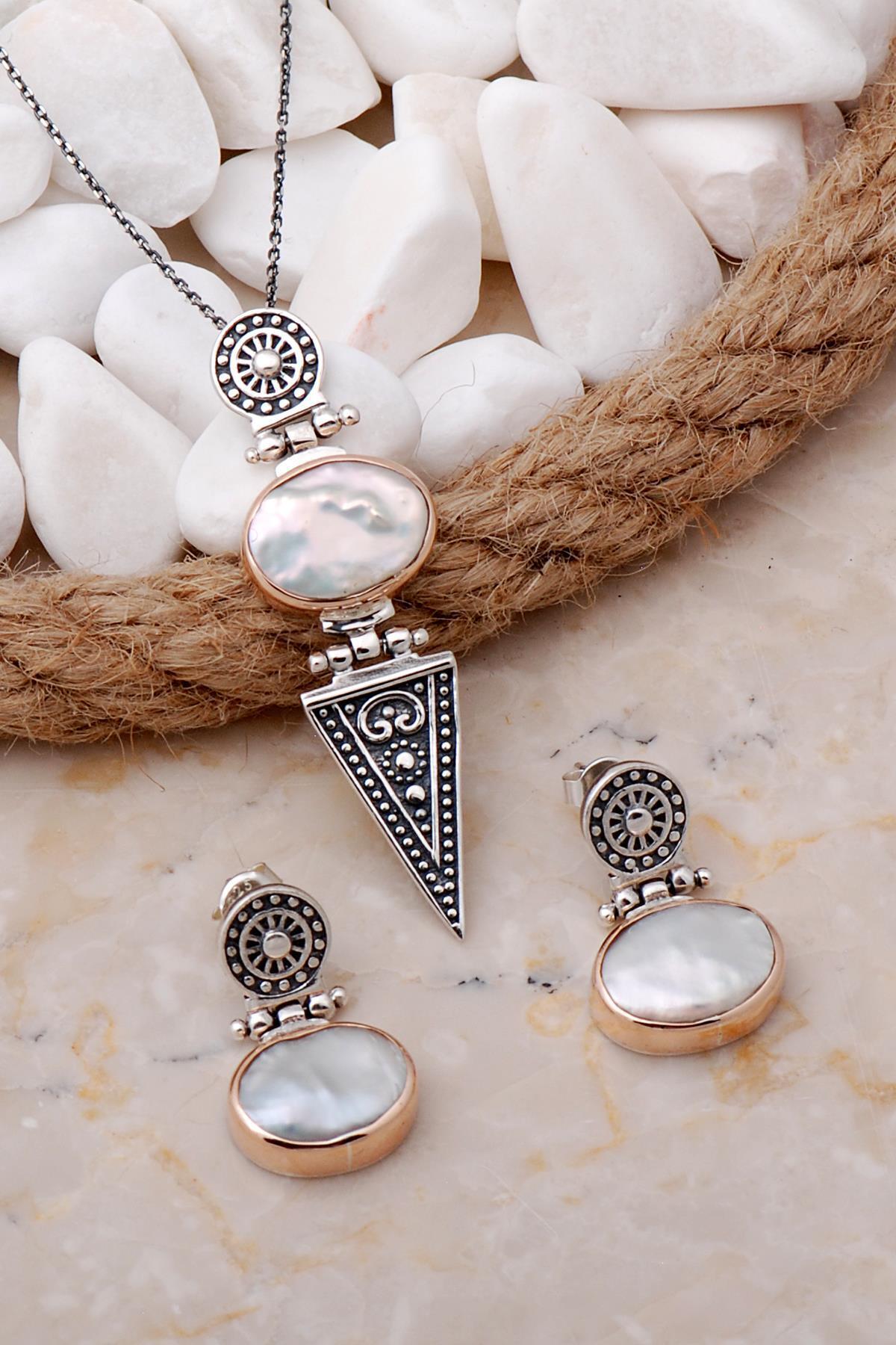 Sümer Telkari İnci Antik Tasarım Elişi Gümüş Set 2097