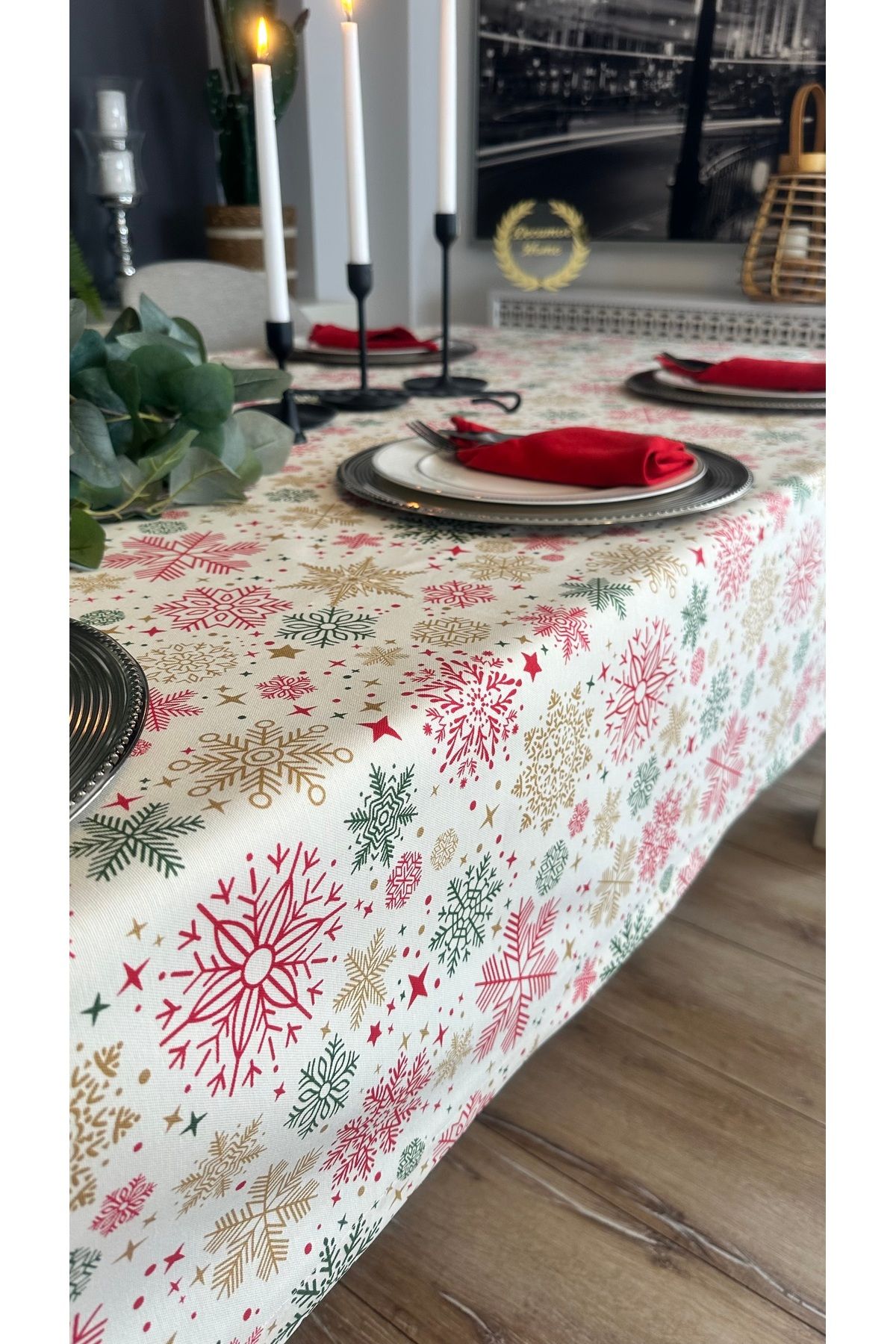Decamor home-Snowflake Patterned Stain-Proof Liquid-Proof Ecru Red Tablecloth 4
