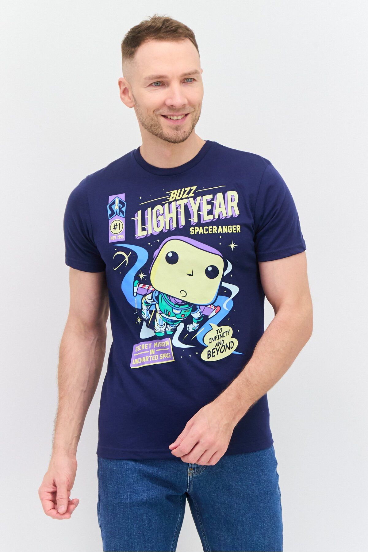 Funko-Men Crew Neck Short Sleeve Buzz Lightyear Print T-Shirts, Navy Blue Combo 1