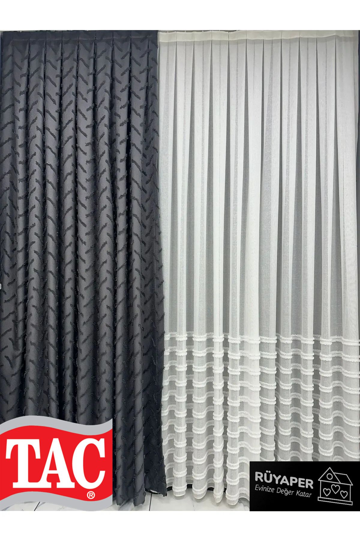 Taç-Dreamper Anthracite Background Curtain Linen 1St Quality Brochol Gift (Single Wing) 2