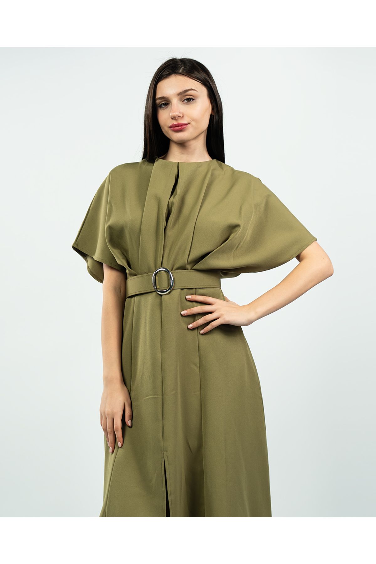 maf collection-Women's Khaki Atlas Fabric Belt Detailed Midi Evening Dress 4