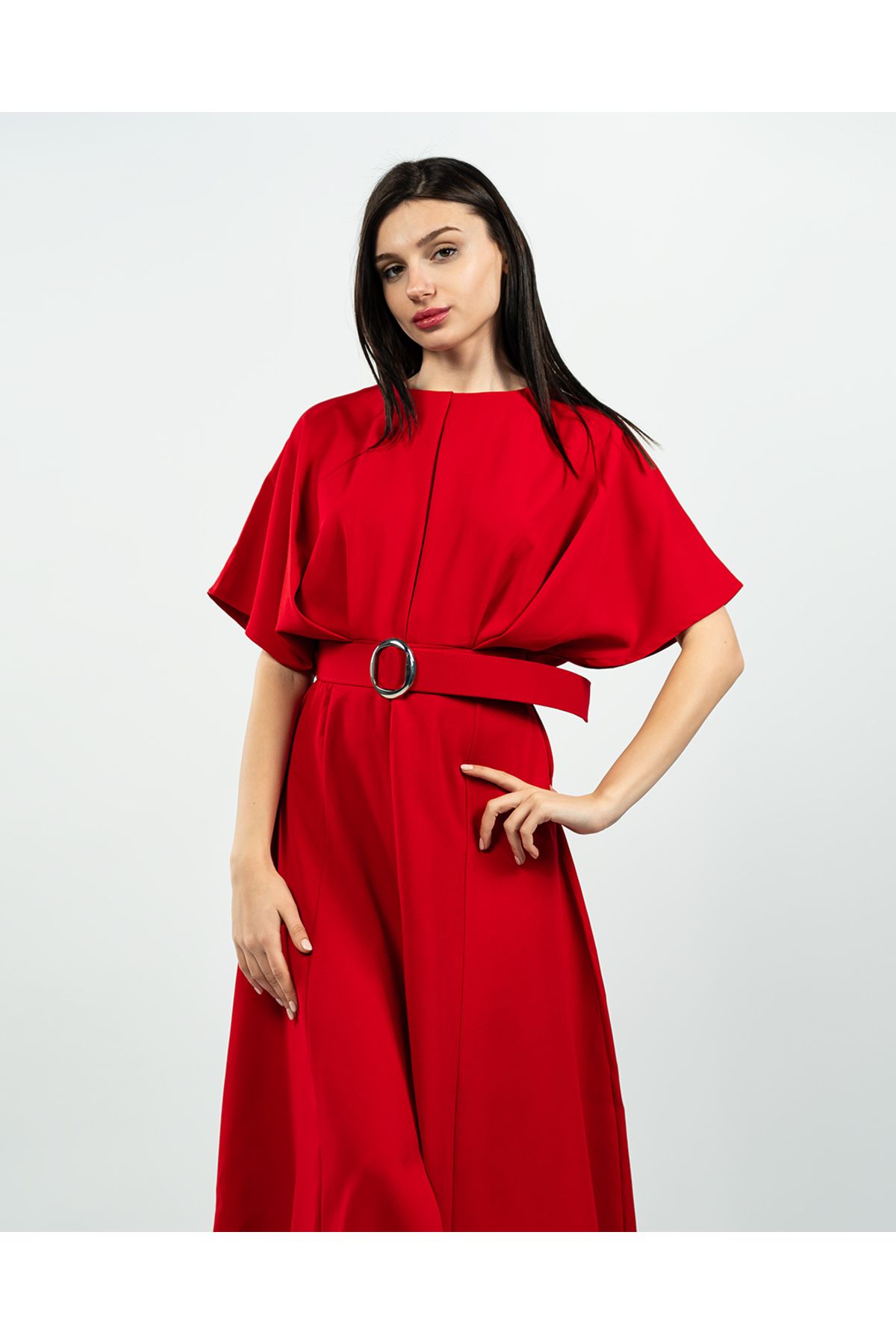 maf collection-Women's Red Atlas Fabric Belt Detailed Midi Evening Dress 5