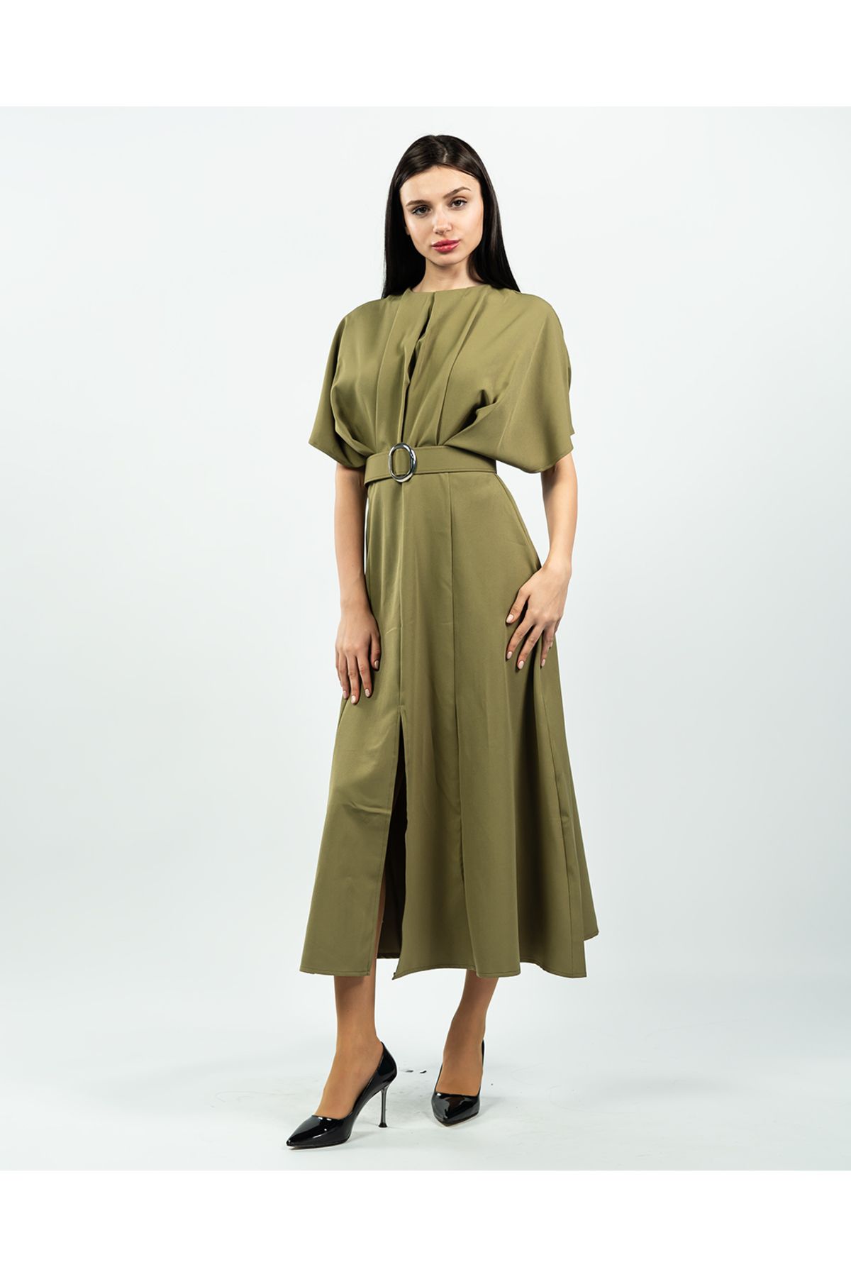 maf collection-Women's Khaki Atlas Fabric Belt Detailed Midi Evening Dress 2