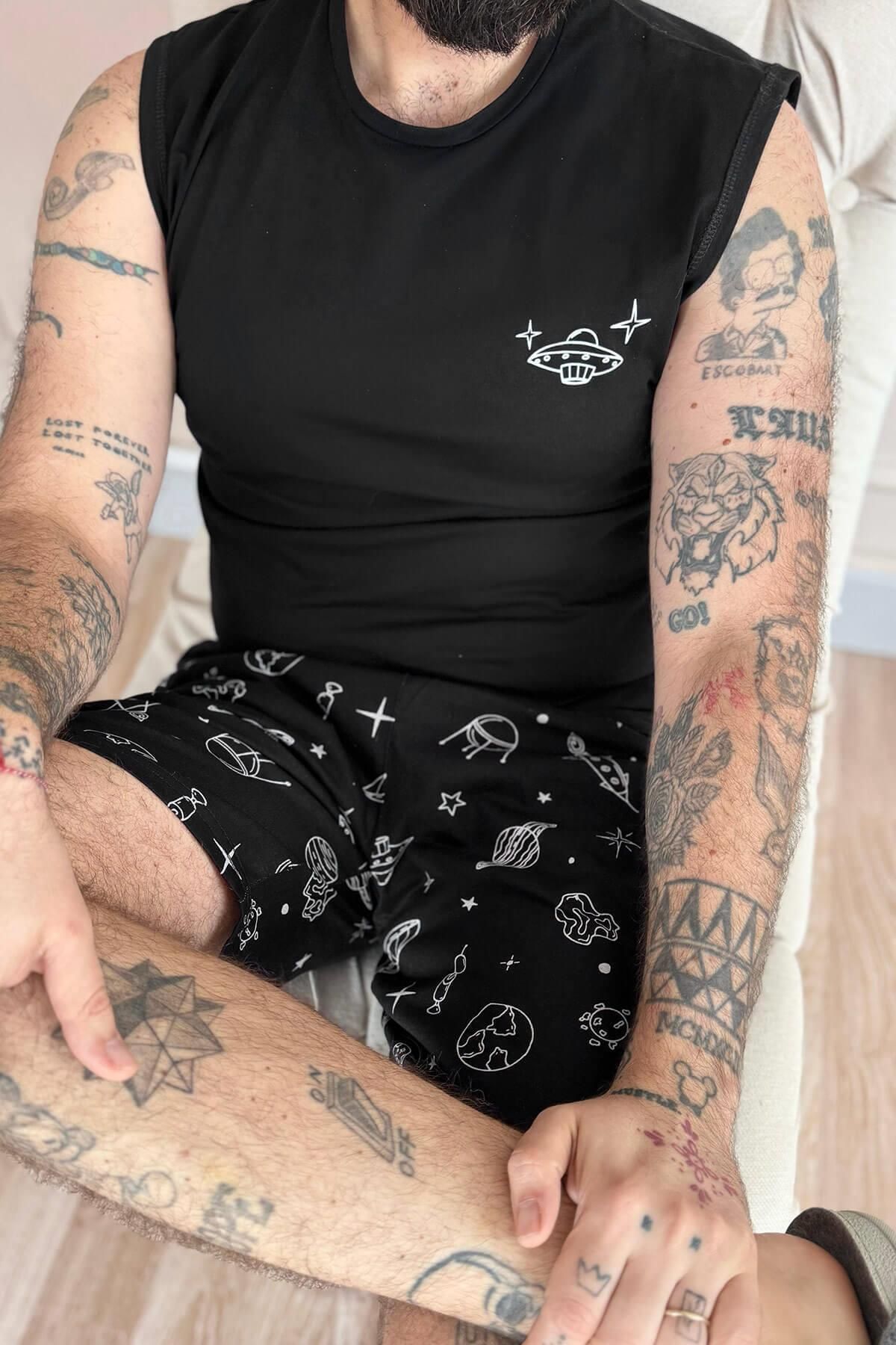 Pijamaevi-Black Space Printed Men's Pajama Set with Zero Sleeve Shorts 5