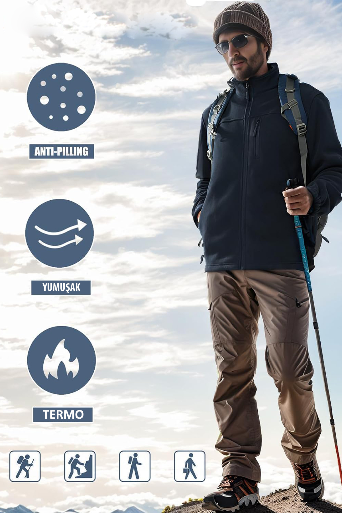 SUVASS CO Erkek Gri 3 Cepli Tam Fermuarlı Kalın Yumuşak Dokulu Outdoor Polar Ceket görsel 2