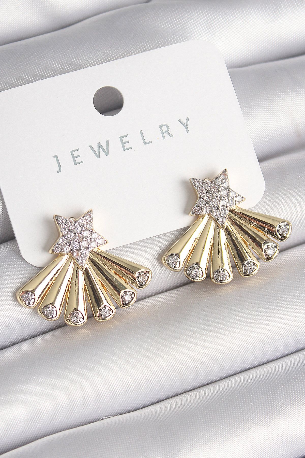 New Things Pirinç Gold Renk Zirkon Taşlı Yıldız Yelpaze Model Kadın Küpe