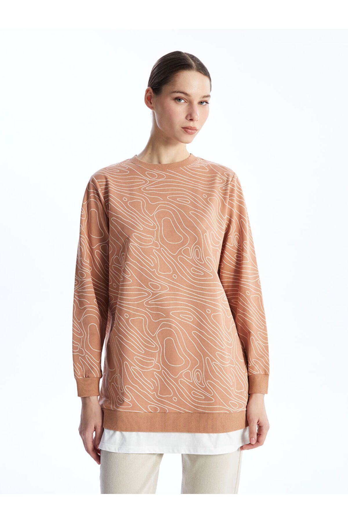 LC Waikiki Bisiklet Yaka Desenli Kadın Sweatshirt Tunik
