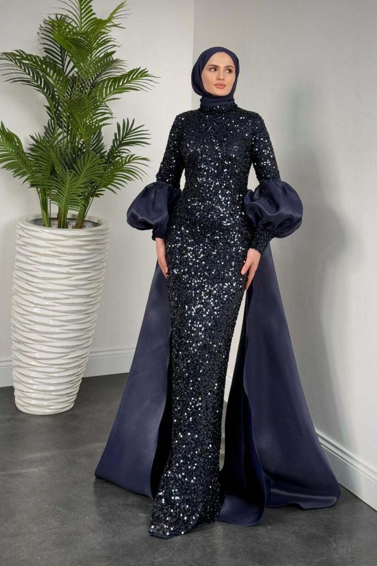 MERVEN AKYÜZ-Jamie Sleeves Mobile Cape Balloon Sleeve Evening Dress Navy Blue 4