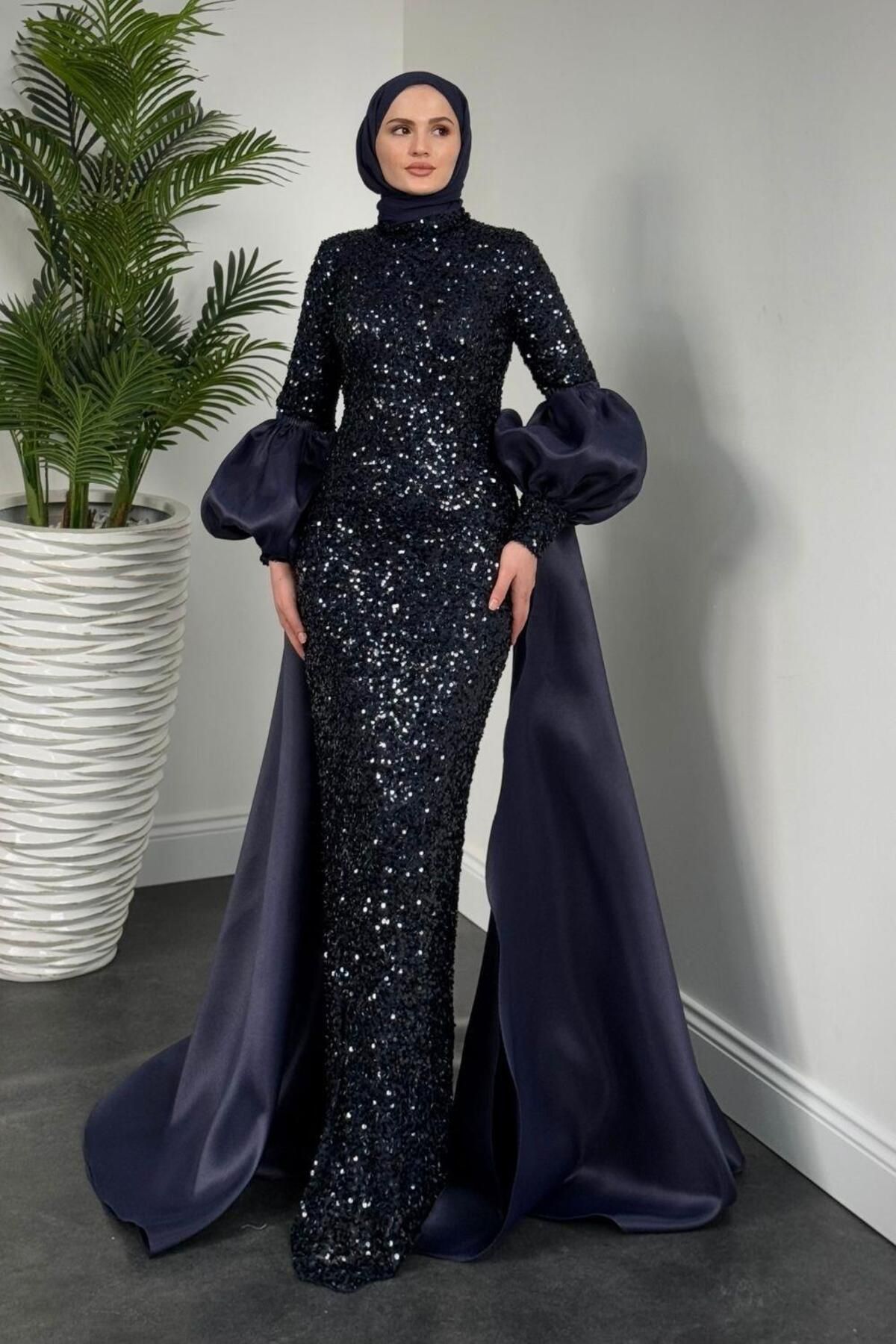 MERVEN AKYÜZ-Jamie Sleeves Mobile Cape Balloon Sleeve Evening Dress Navy Blue 2