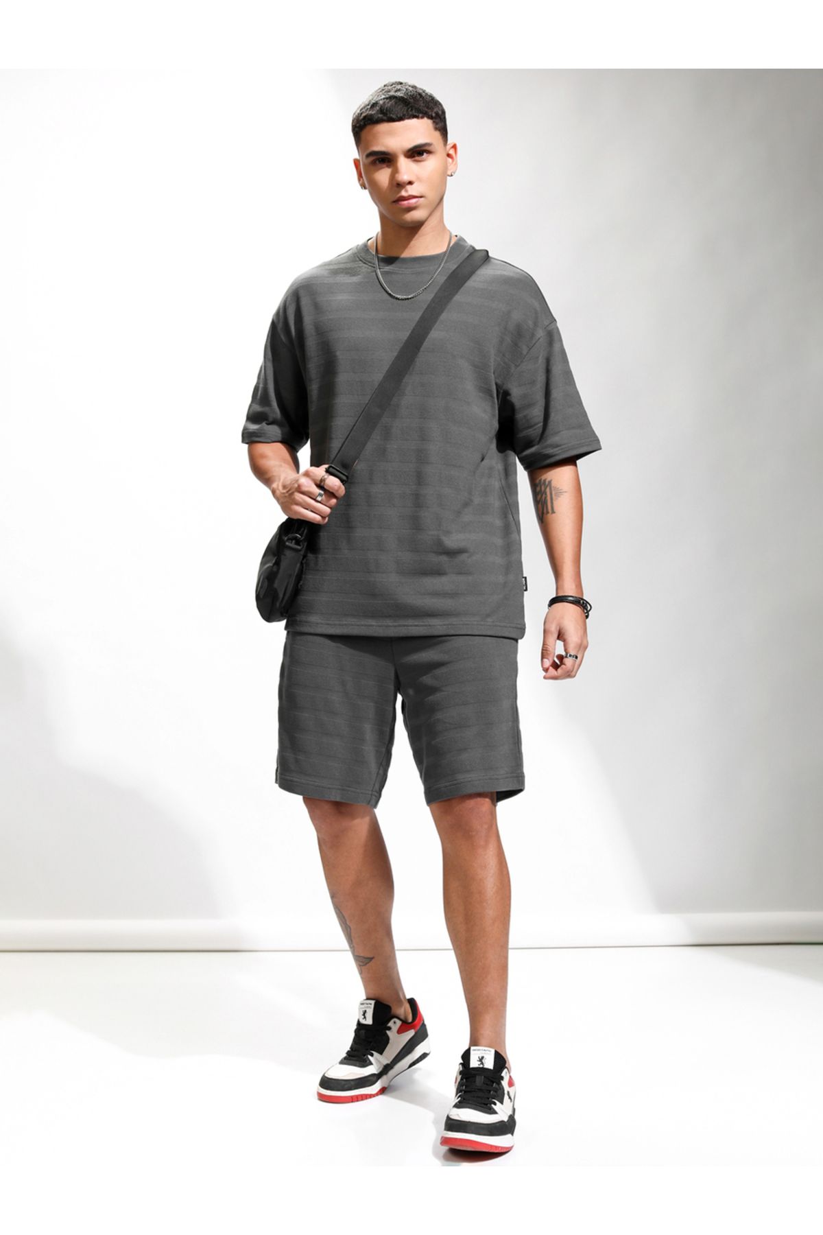 Highlander By Styli-Self Design Round Neck T-Shirt and Shorts 2