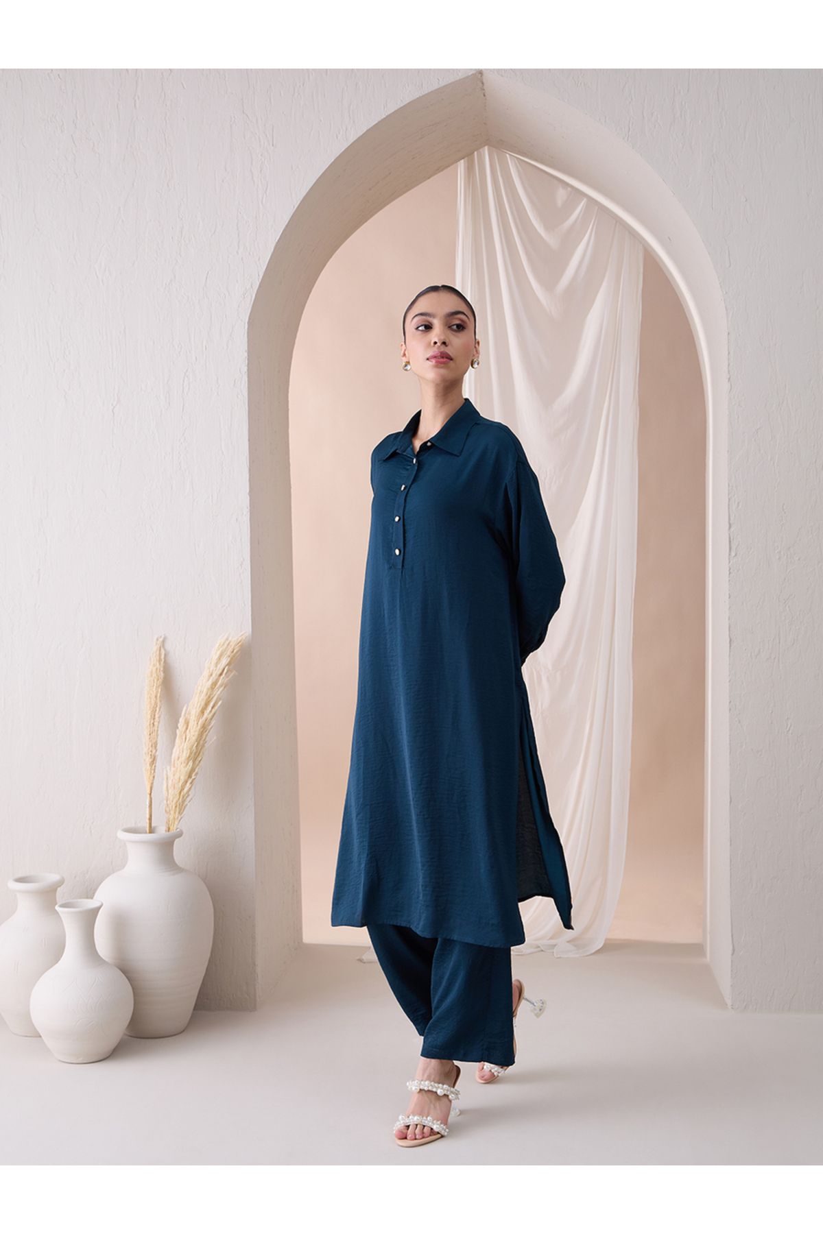 Femmella By Styli-Solid Collared Long Tunic and Straight Pants Co-Ords 3