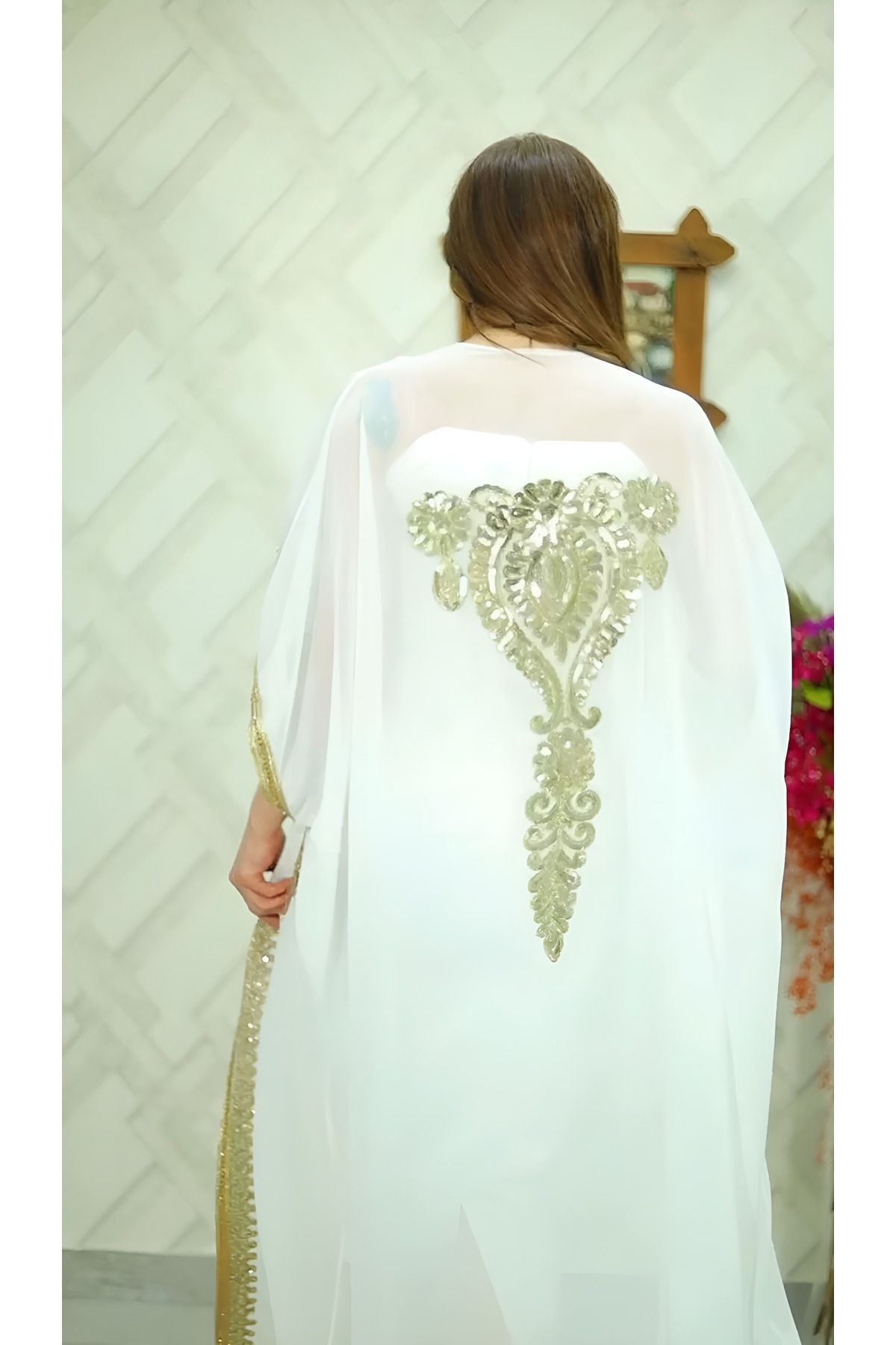 NHMODA-Satin Fabric Gold Color Pattern Embroidered Stylish Double Local Kaftan 3