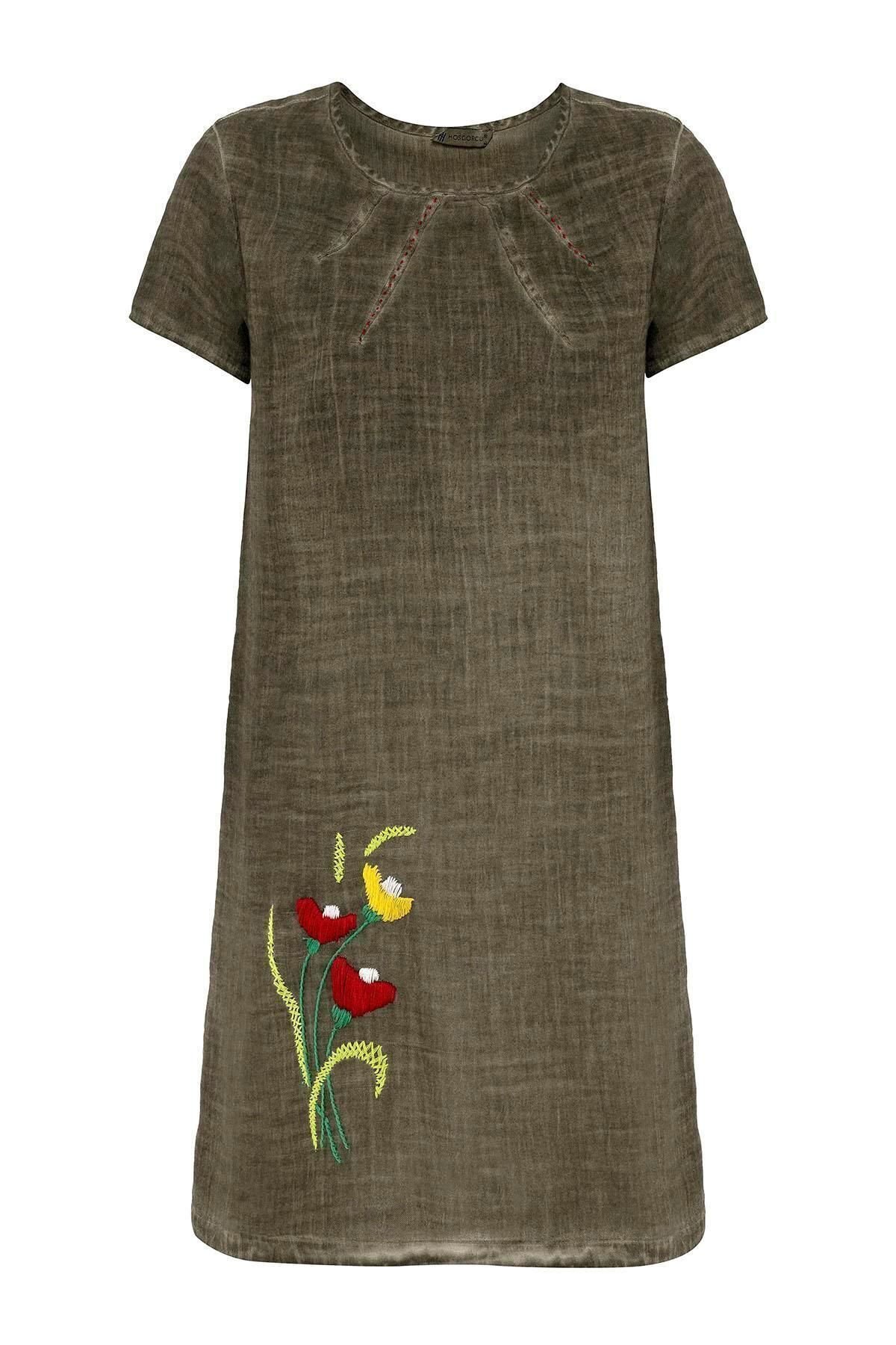 Deriderim-Green Floral Patterned Cotton Short Sleeve Summer Dress 6