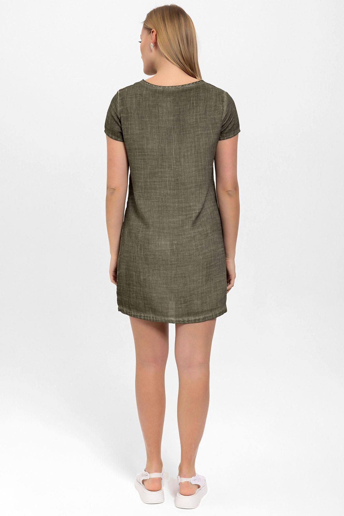 Deriderim-Green Floral Patterned Cotton Short Sleeve Summer Dress 4