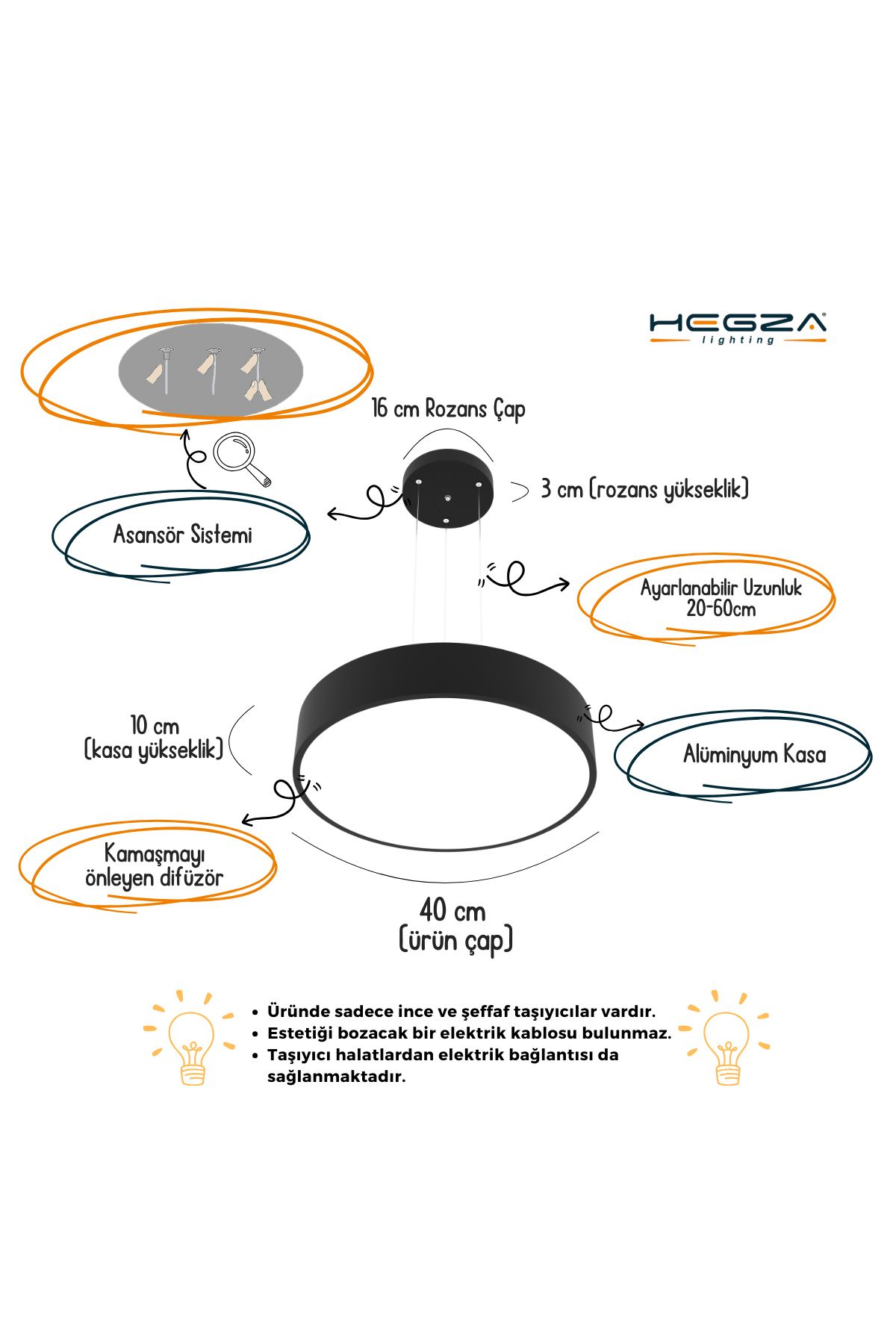 Hegza Lighting-طبلة LED حديثة مقاس 40 سم - علبة سوداء، ضوء أبيض طبيعي، ثريا لغرفة المعيشة وغرفة المعيشة والمطبخ 2