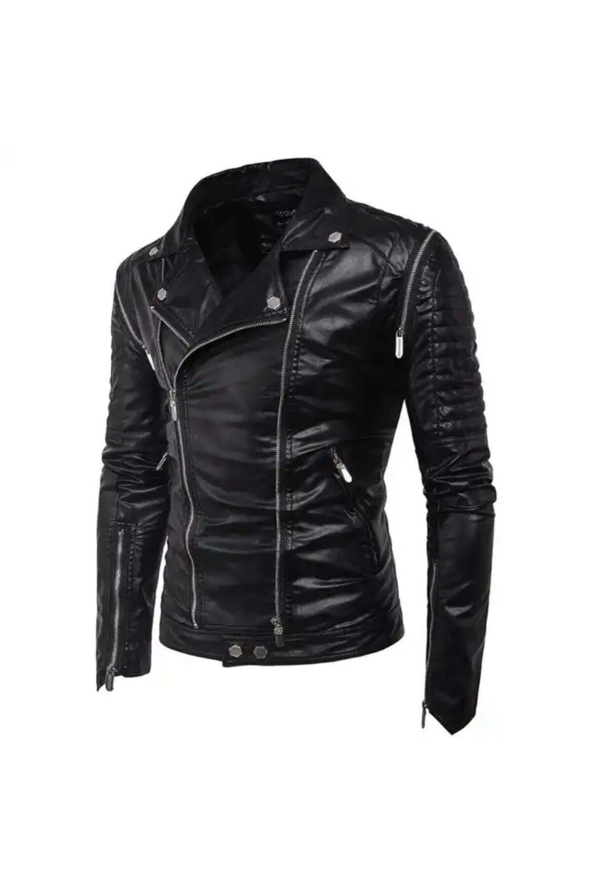 NYC GİYİM TEKSTİL-Genuine Lambskin Shoulders Vertical Ornament Zipper Biker Coats 4