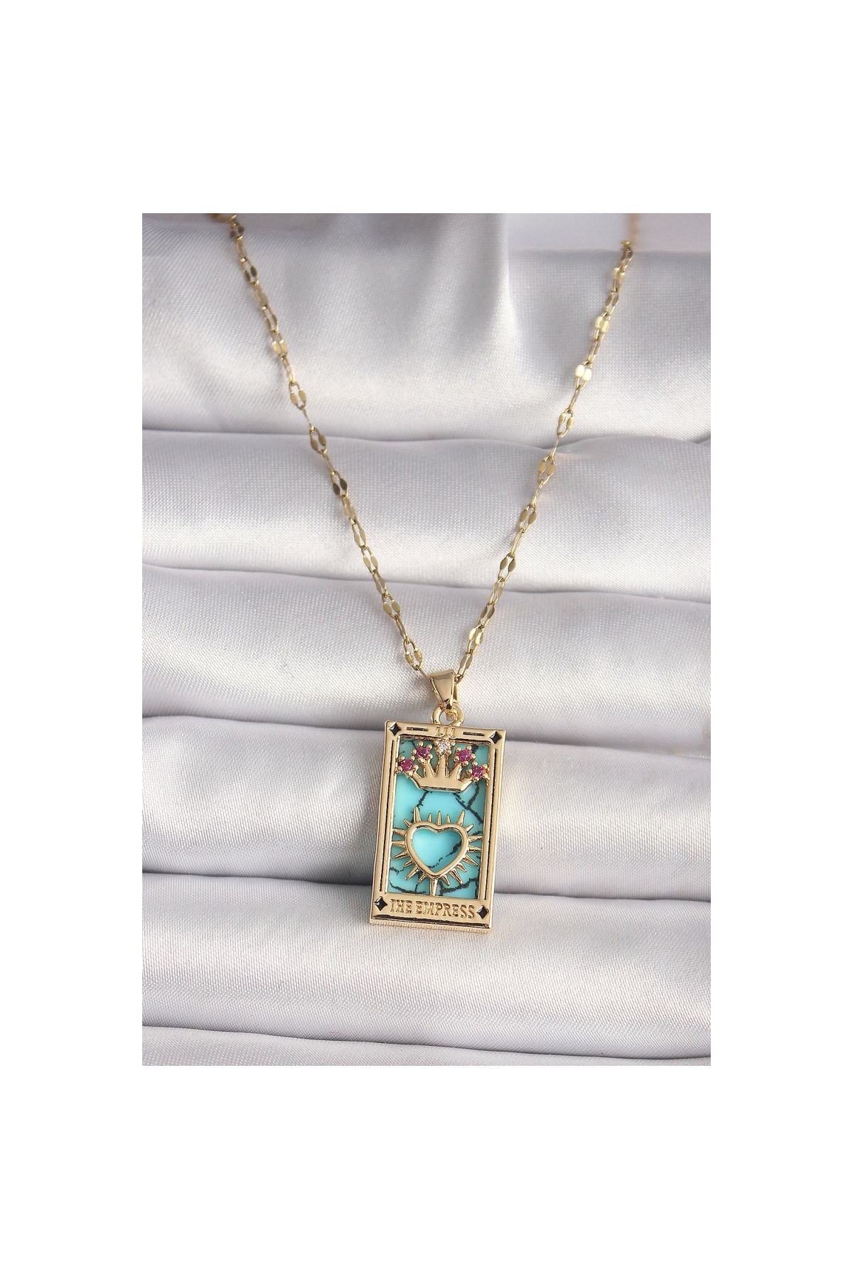 Narnuga 316L Gold Renk Pembe Zirkon Taşlı Taç Kalp Portre Model Kadın Kolye - TJ-BKO9670