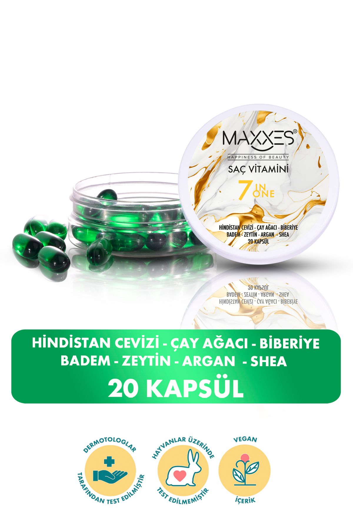 Hindistancevizi, Çay Ağacı & Biberiye ile Saç Vitamin Kapsülü – Badem, Zeytin, Argan & Shea